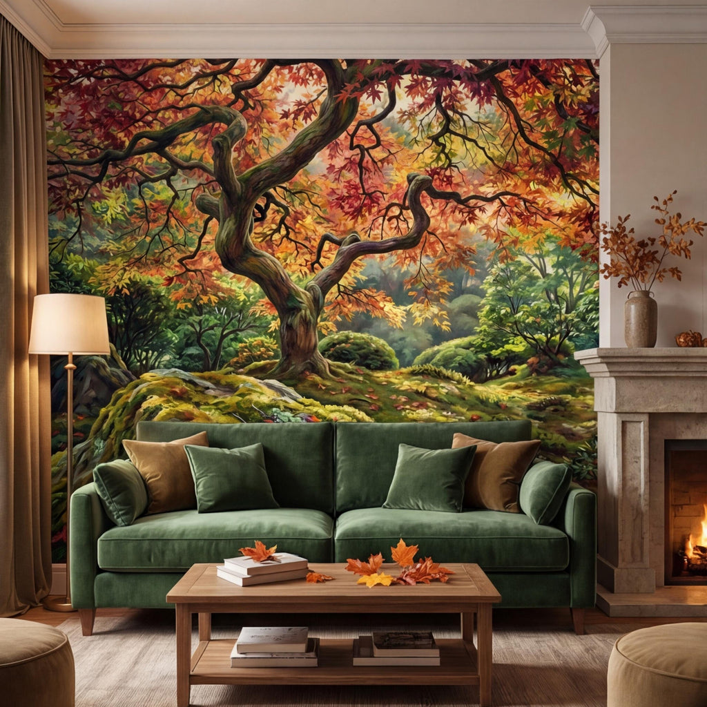 Japanese Maple Autumn Forest Peel and Stick Wall Mural, Moss Garden Landscape Removable Wallpaper