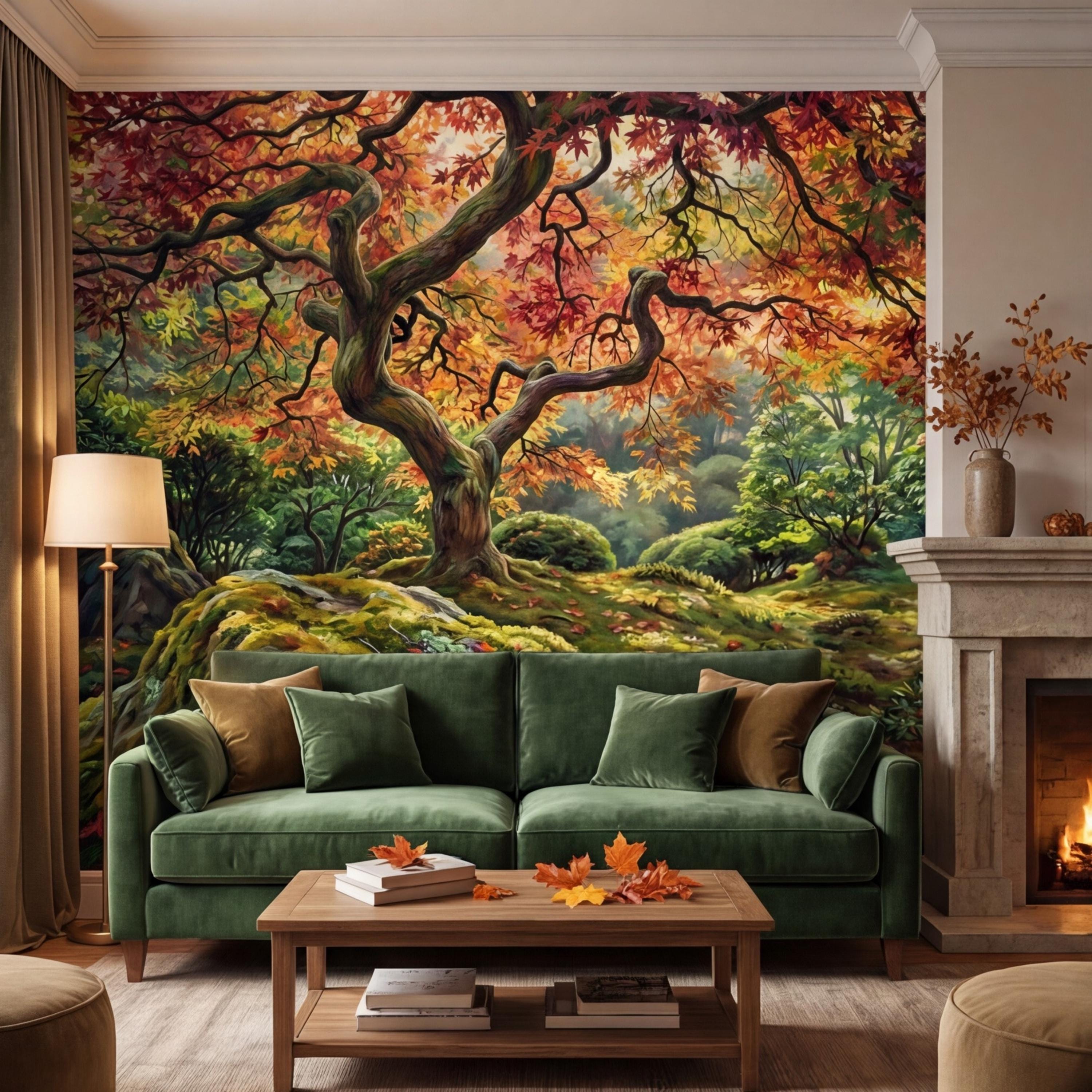 Japanese Maple Autumn Forest Peel and Stick Wall Mural, Moss Garden Landscape Removable Wallpaper