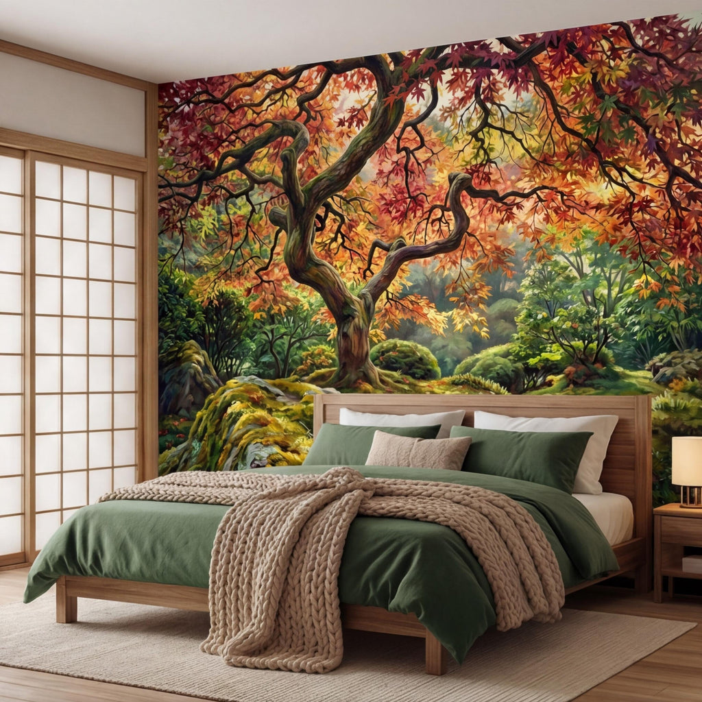 Japanese Maple Autumn Forest Peel and Stick Wall Mural, Moss Garden Landscape Removable Wallpaper