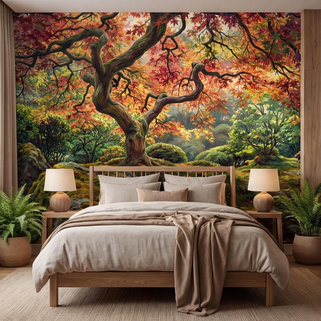 Japanese Maple Autumn Forest Peel and Stick Wall Mural, Moss Garden Landscape Removable Wallpaper