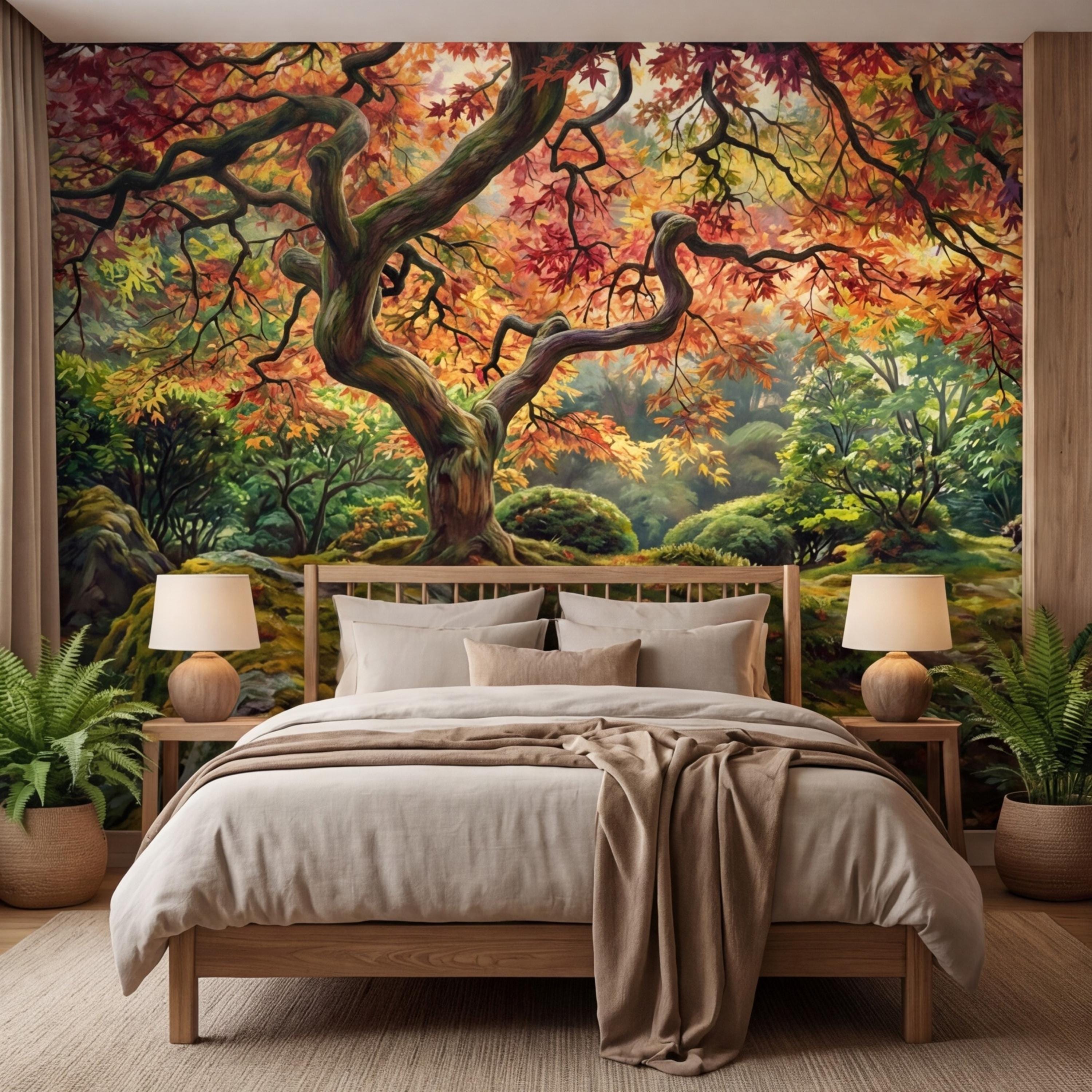 Japanese Maple Autumn Forest Peel and Stick Wall Mural, Moss Garden Landscape Removable Wallpaper