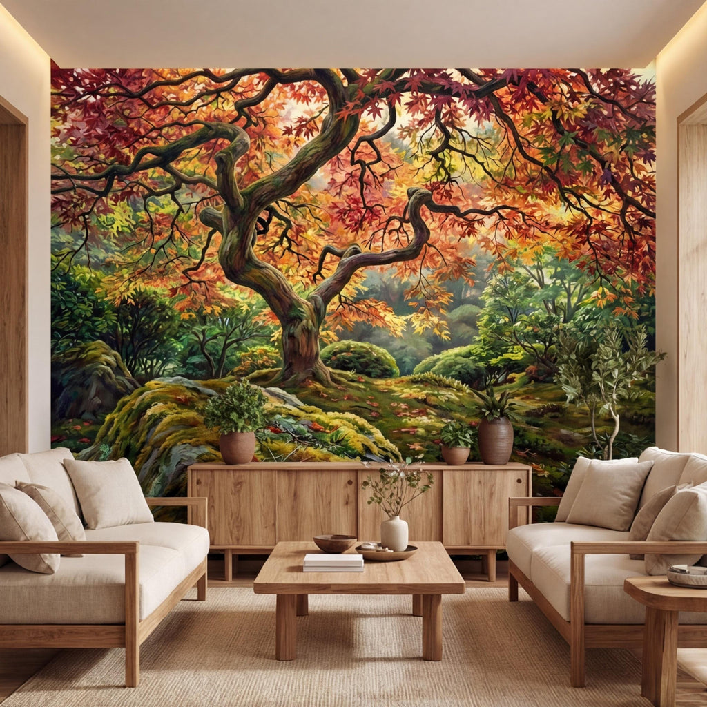 Japanese Maple Autumn Forest Peel and Stick Wall Mural, Moss Garden Landscape Removable Wallpaper