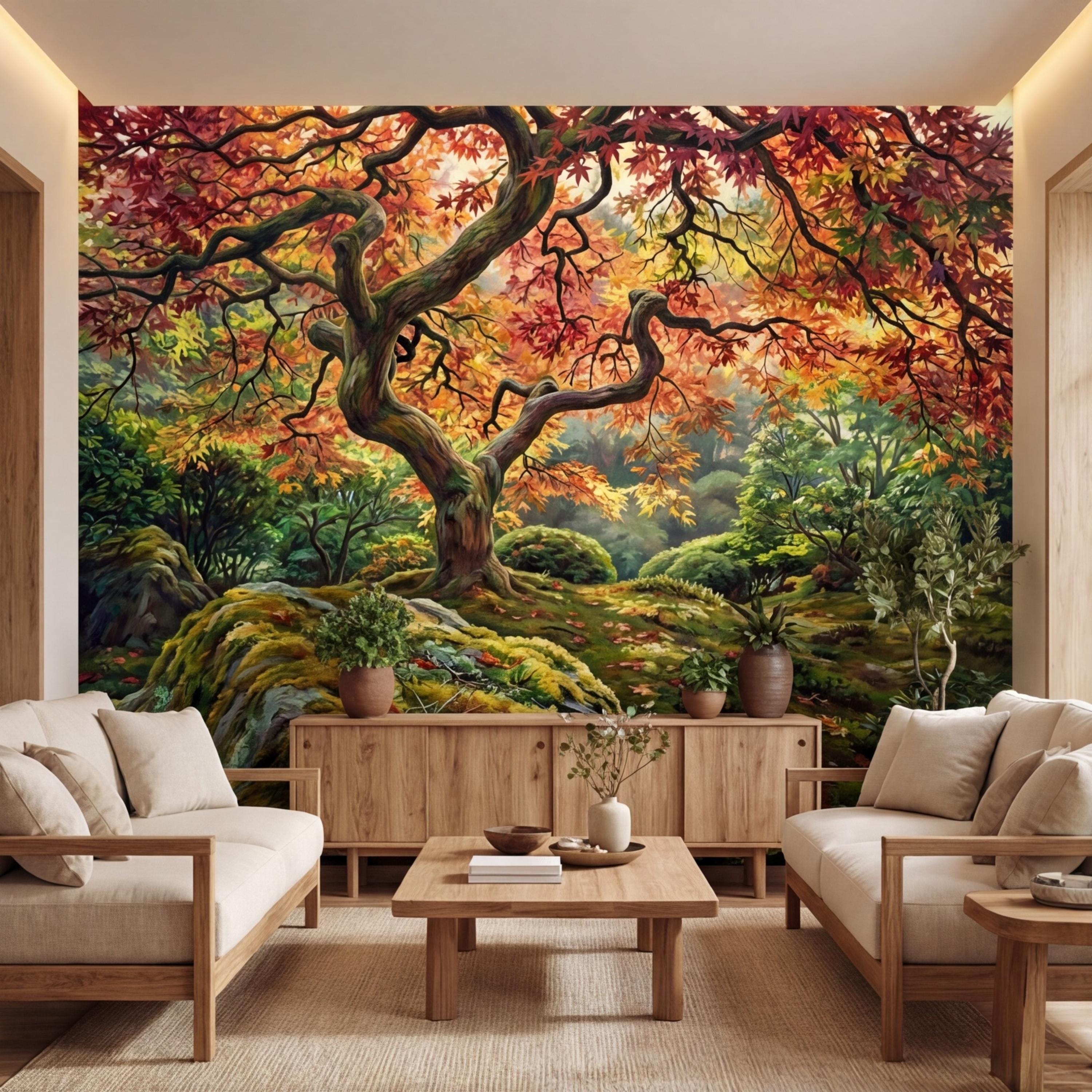 Japanese Maple Autumn Forest Peel and Stick Wall Mural, Moss Garden Landscape Removable Wallpaper
