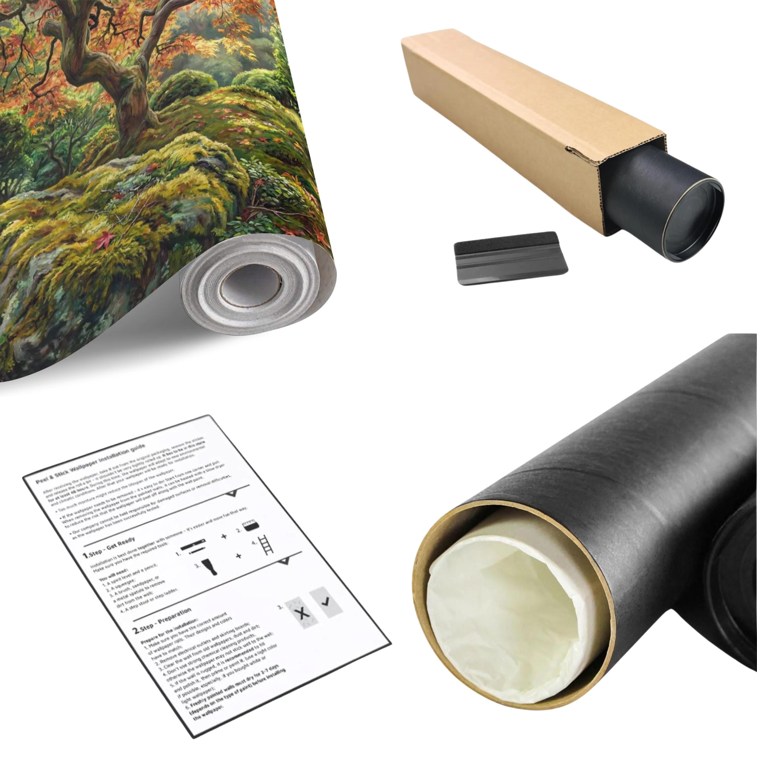 Japanese Maple Autumn Forest Peel and Stick Wall Mural, Moss Garden Landscape Removable Wallpaper