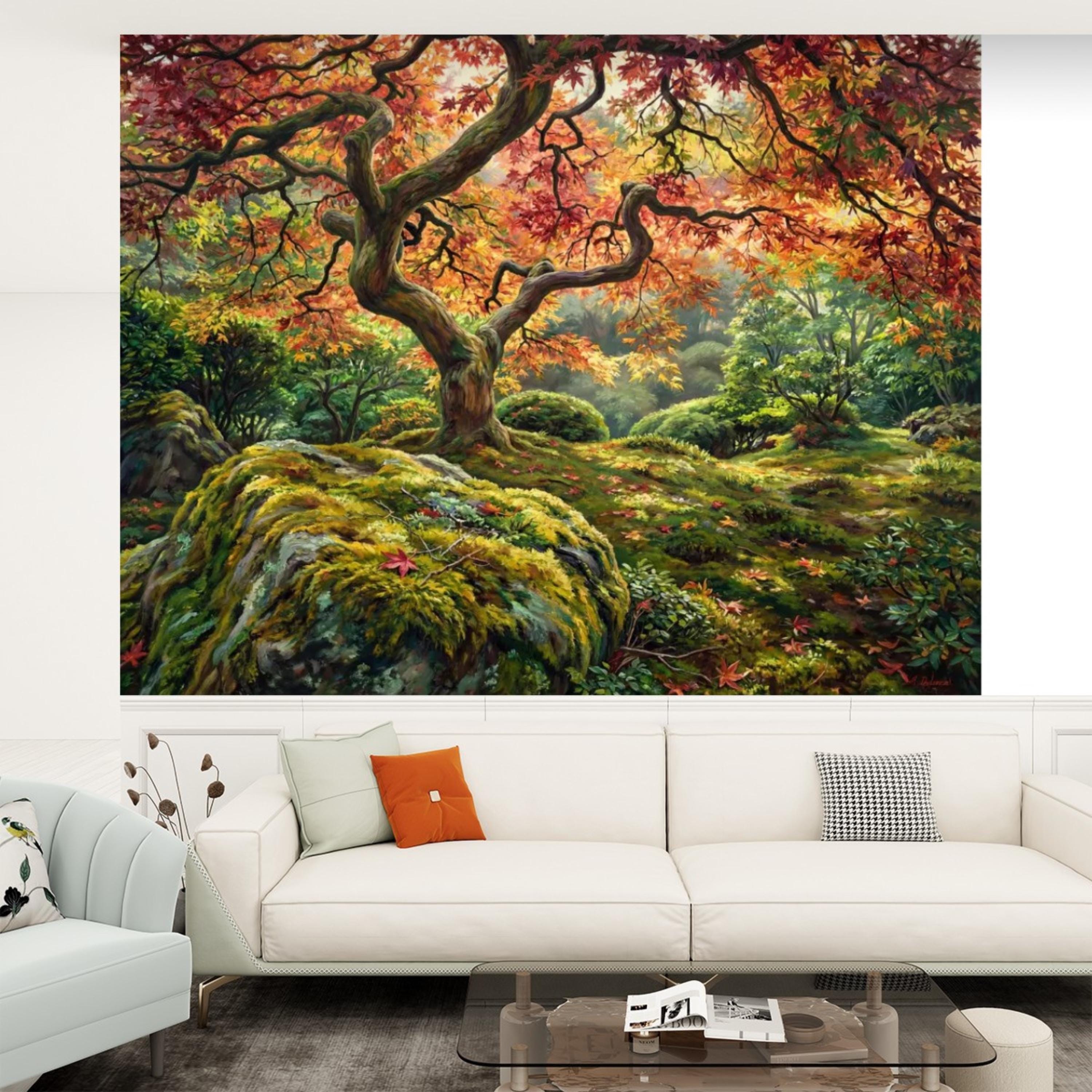 Japanese Maple Autumn Forest Peel and Stick Wall Mural, Moss Garden Landscape Removable Wallpaper