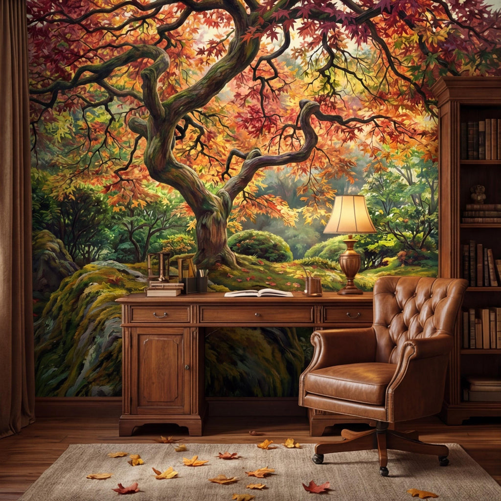 Japanese Maple Autumn Forest Peel and Stick Wall Mural, Moss Garden Landscape Removable Wallpaper