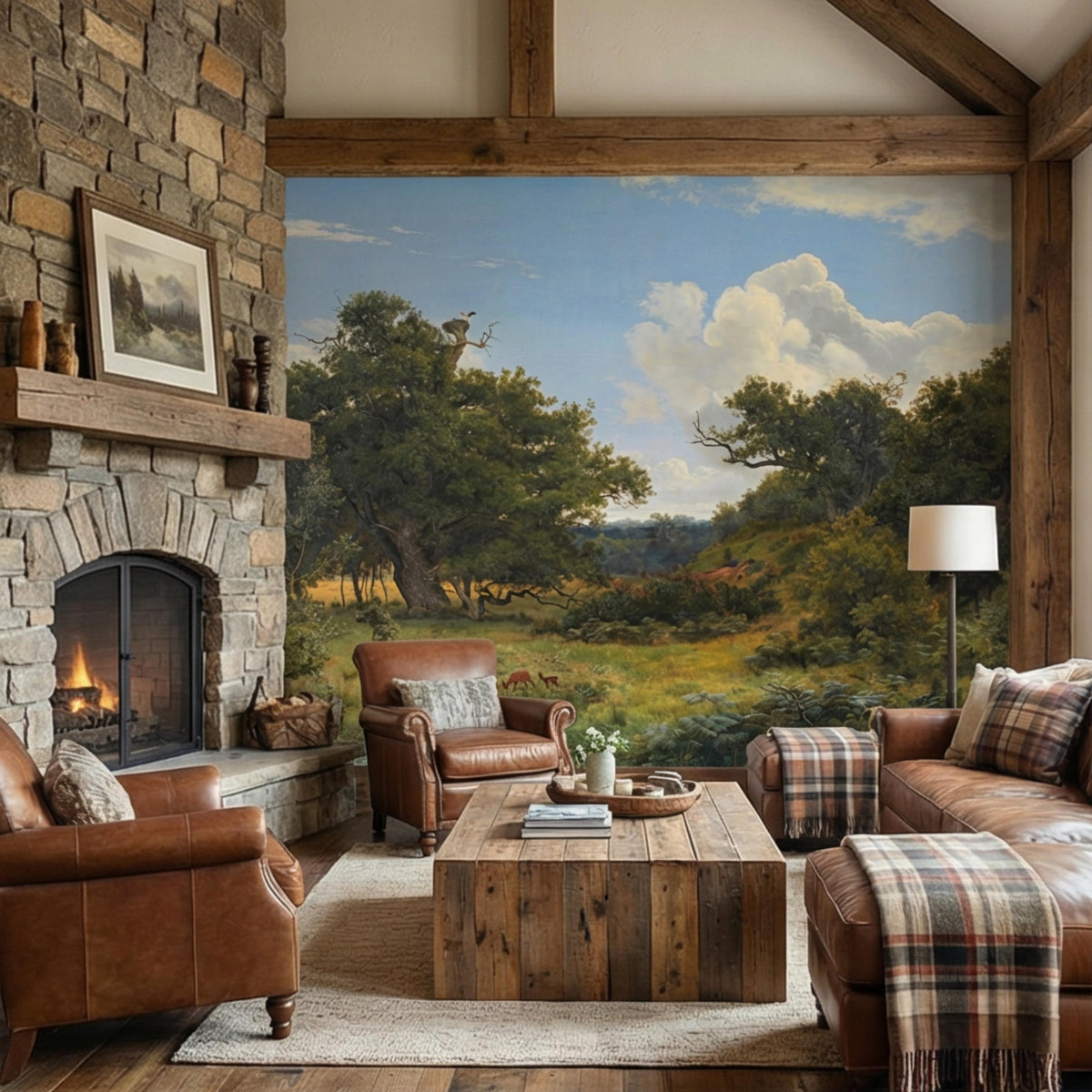 Scenic woodland wall mural with forest trees, meadow landscape, and blue sky clouds