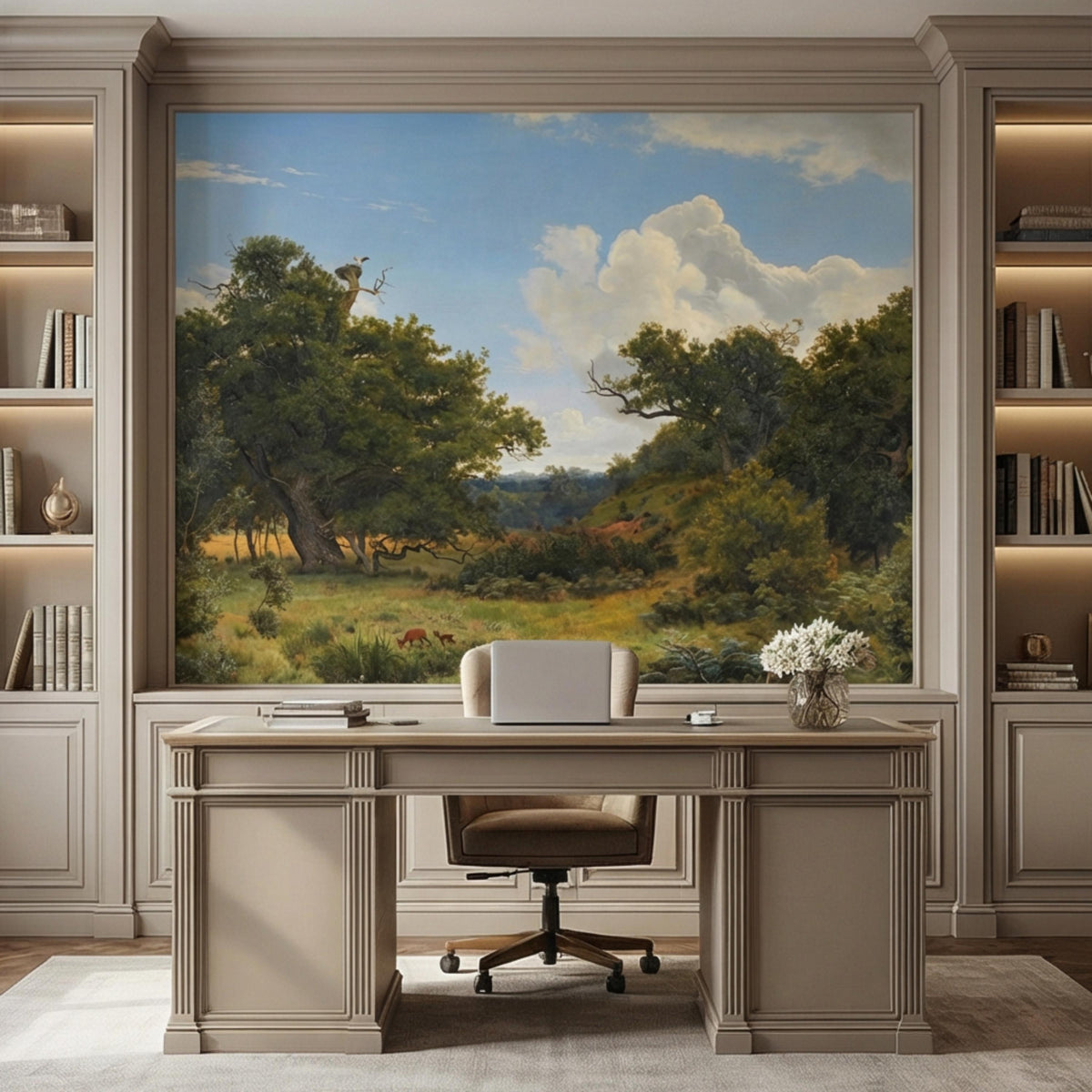 Forest and meadow scenic wall mural with blue sky and clouds behind an office desk