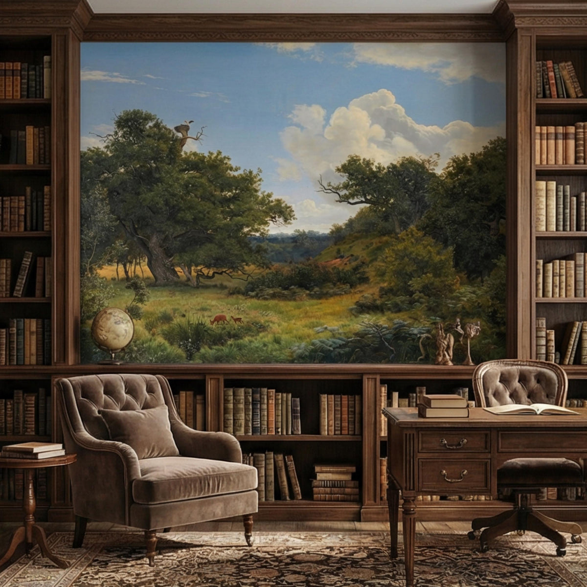 Scenic woodland wall mural featuring trees, rolling hills, and cloudy sky landscape