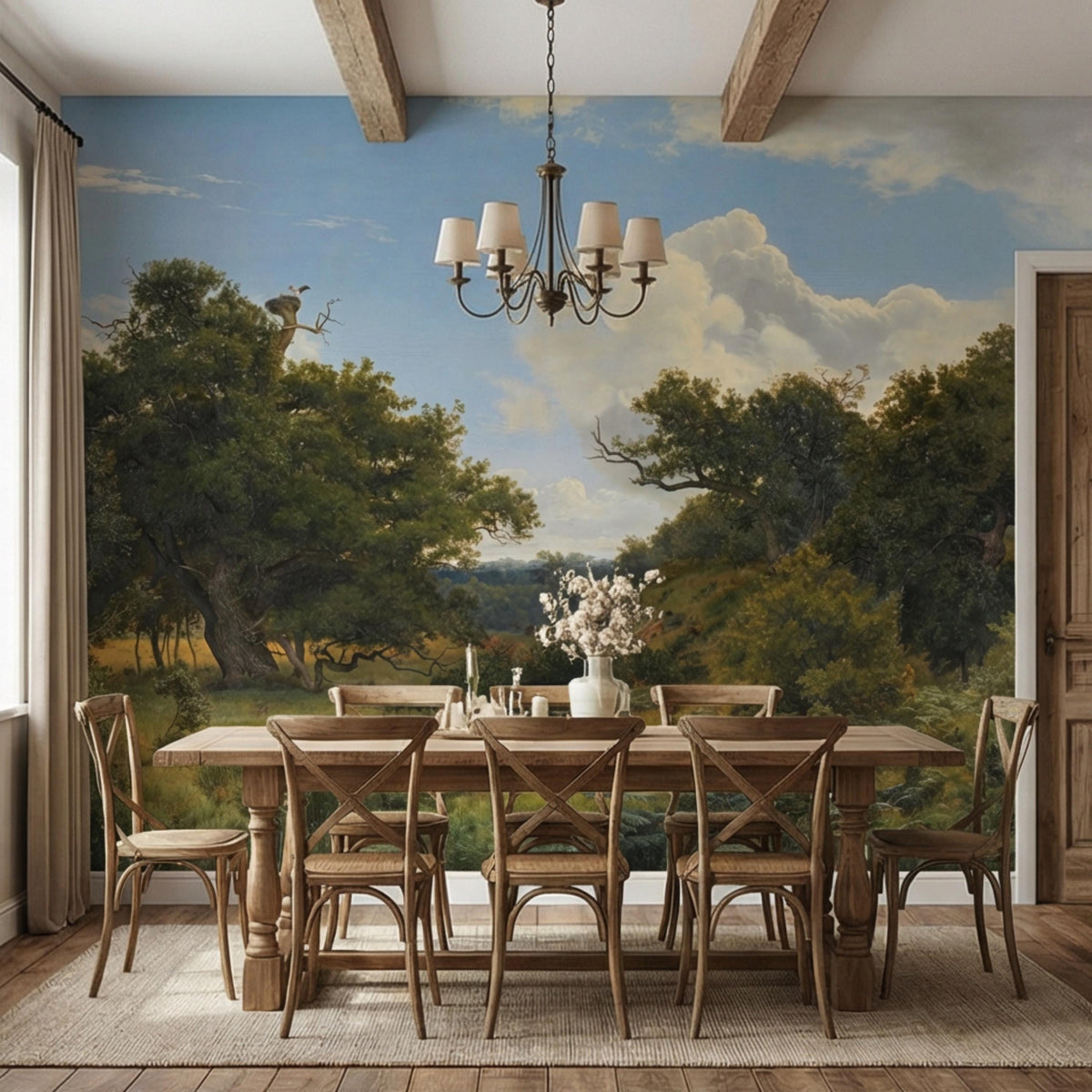 Woodland scenic landscape wall mural with meadow, trees, and bright cloudy daytime sky