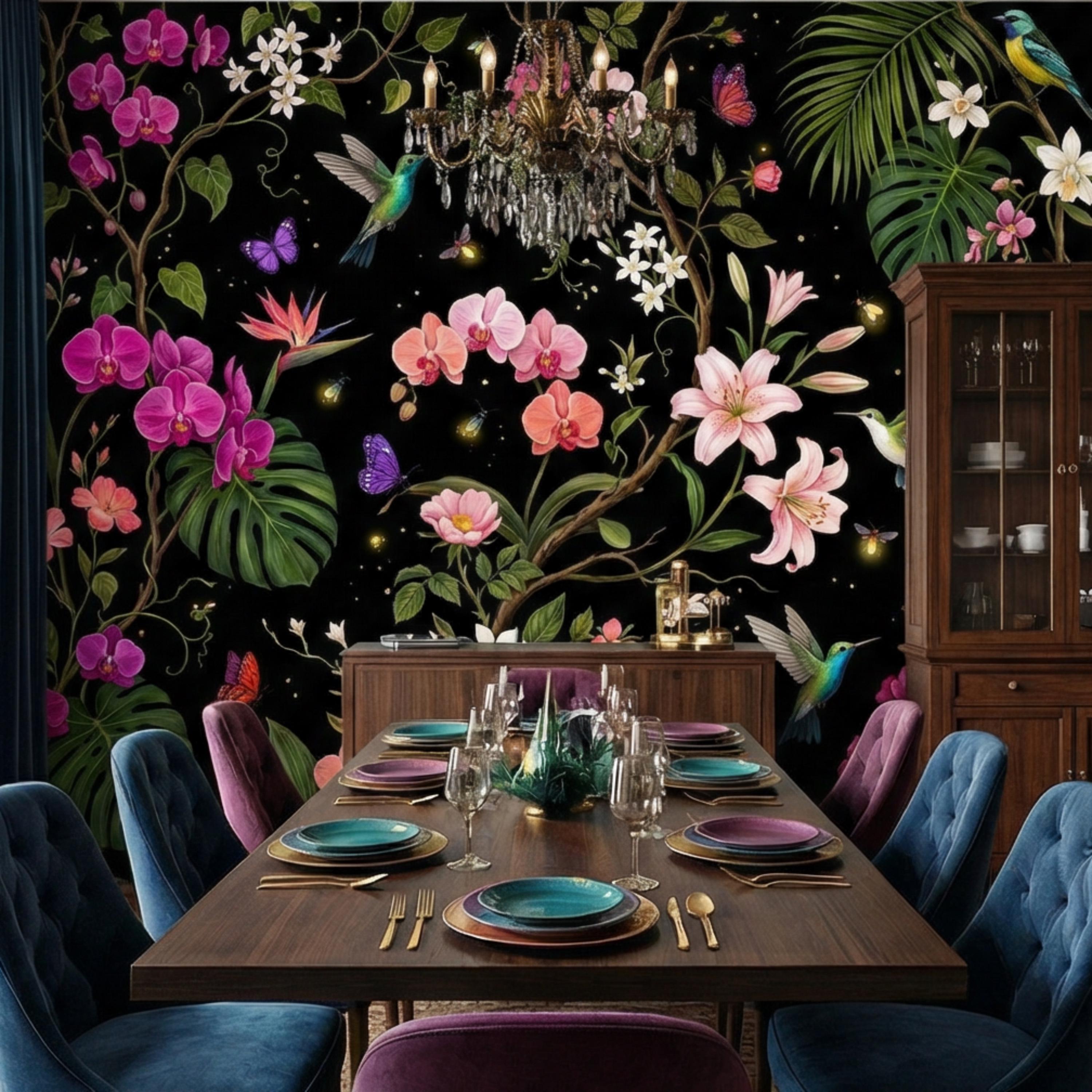 Orchids & Monstera Black Tropical Floral Night Garden Peel and Stick Wall Mural, Hummingbirds Butterflies Botanical Wallpaper