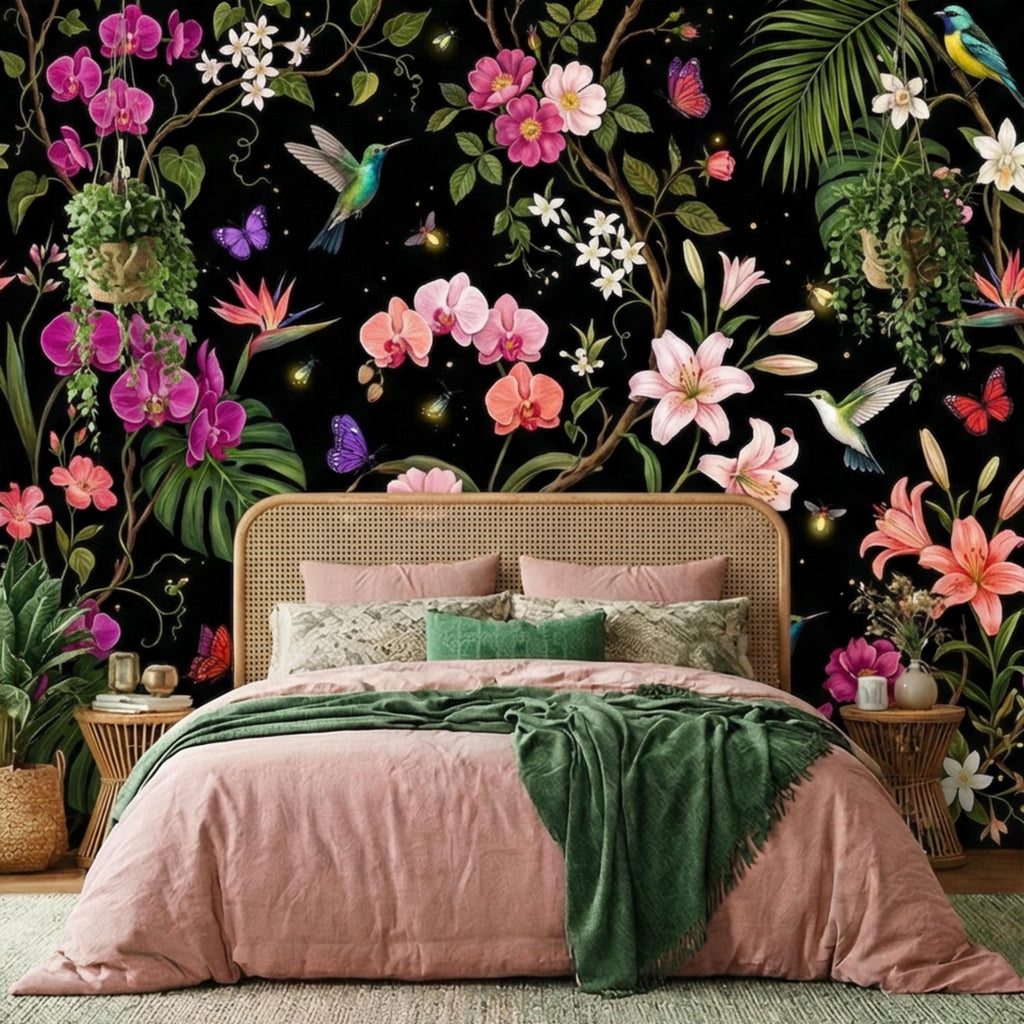 Orchids & Monstera Black Tropical Floral Night Garden Peel and Stick Wall Mural, Hummingbirds Butterflies Botanical Wallpaper