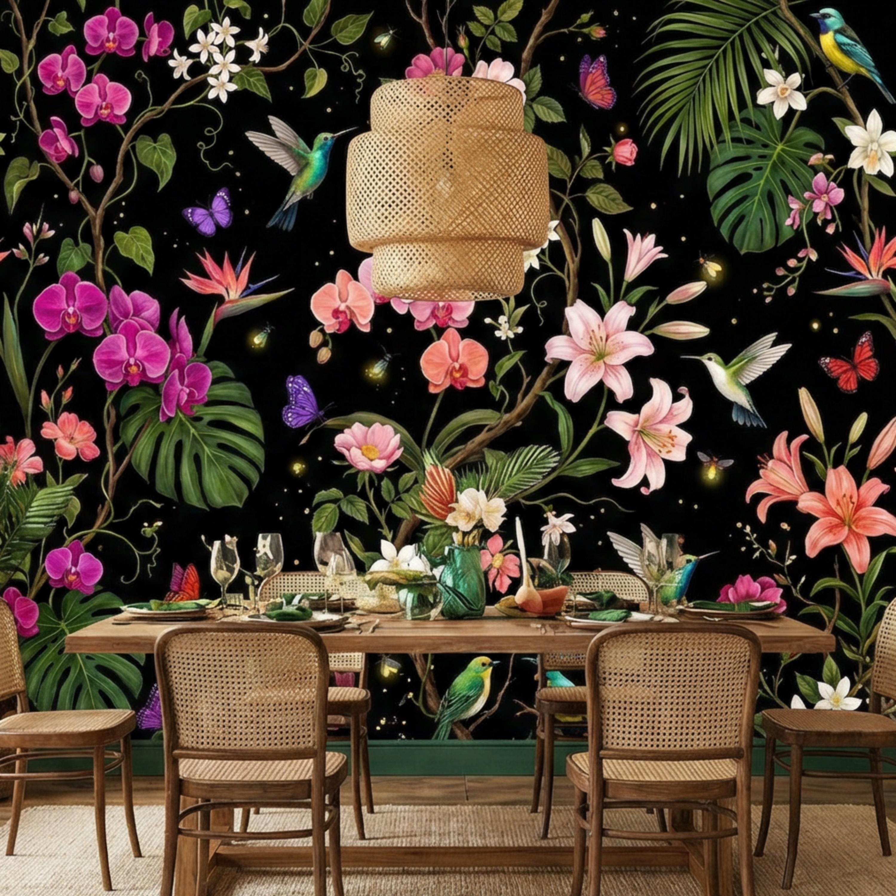 Orchids & Monstera Black Tropical Floral Night Garden Peel and Stick Wall Mural, Hummingbirds Butterflies Botanical Wallpaper