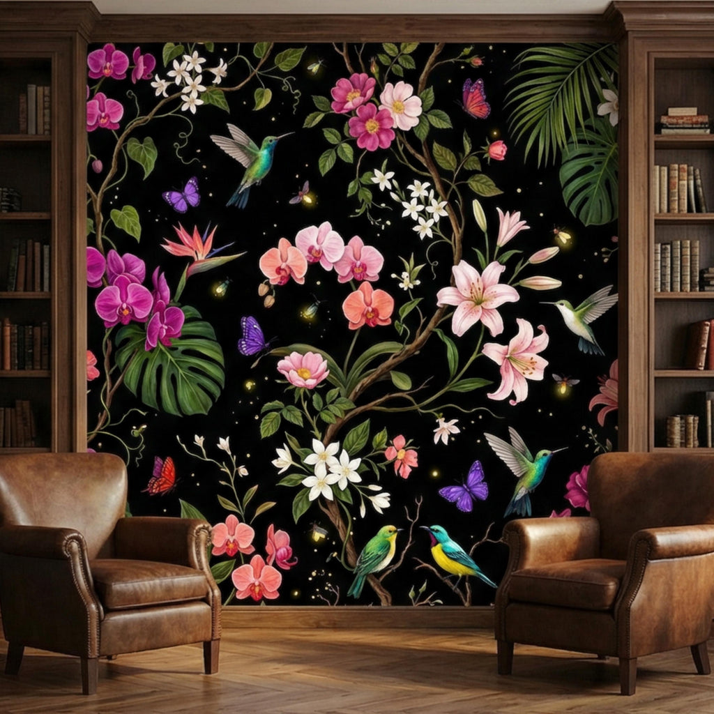 Orchids & Monstera Black Tropical Floral Night Garden Peel and Stick Wall Mural, Hummingbirds Butterflies Botanical Wallpaper