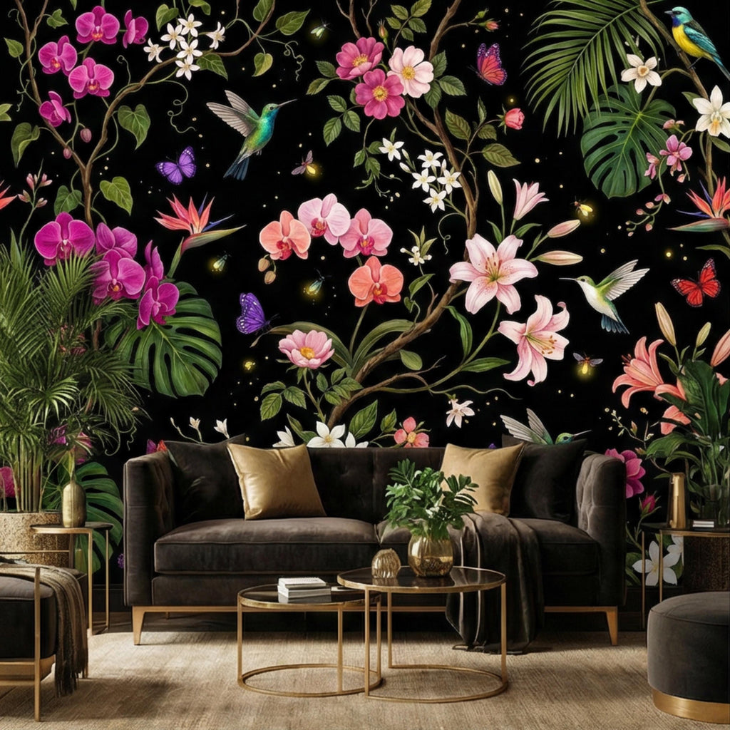 Orchids & Monstera Black Tropical Floral Night Garden Peel and Stick Wall Mural, Hummingbirds Butterflies Botanical Wallpaper