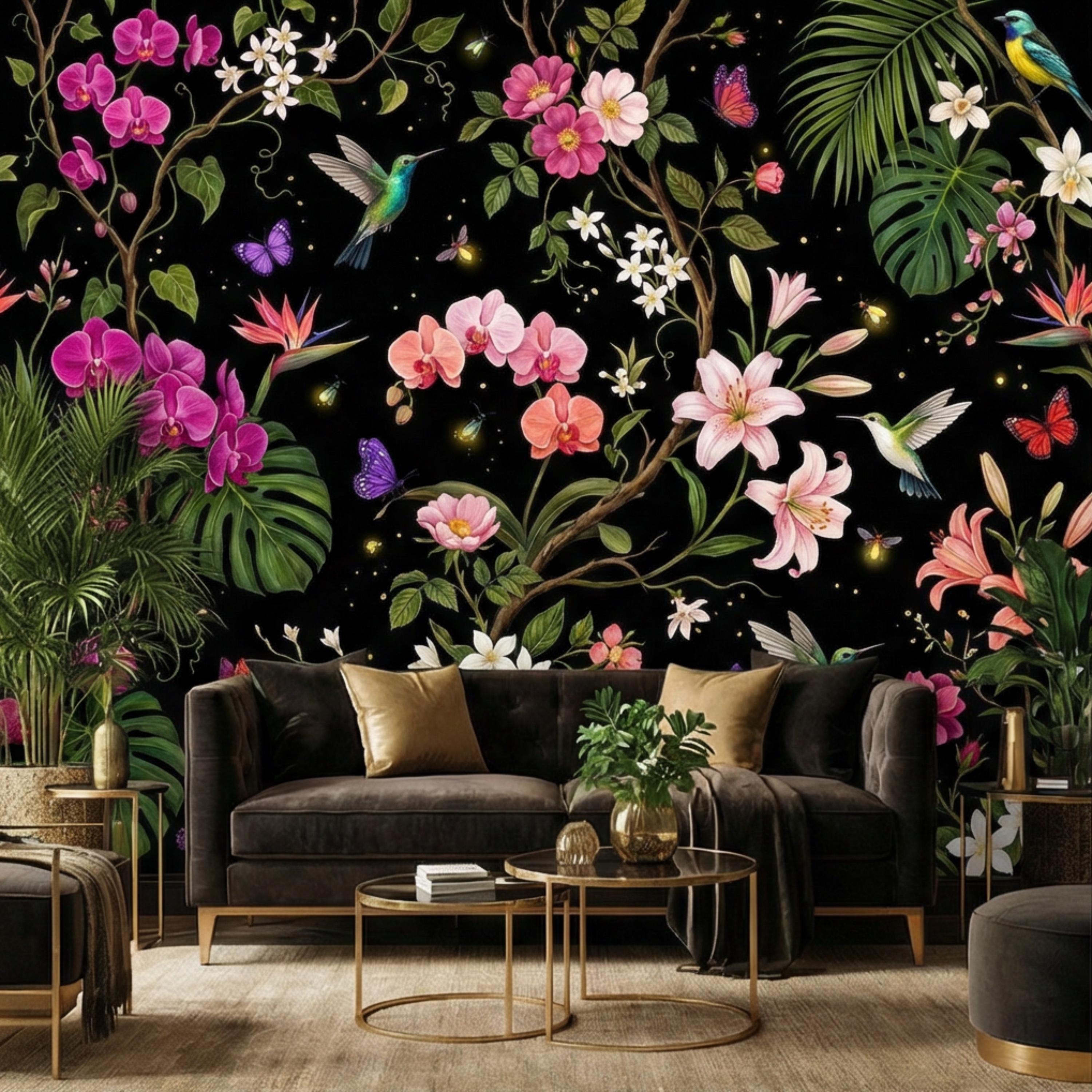 Orchids & Monstera Black Tropical Floral Night Garden Peel and Stick Wall Mural, Hummingbirds Butterflies Botanical Wallpaper