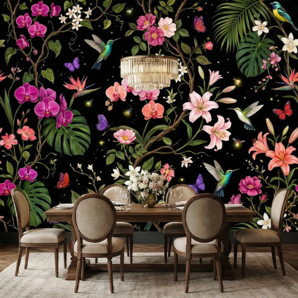 Orchids & Monstera Black Tropical Floral Night Garden Peel and Stick Wall Mural, Hummingbirds Butterflies Botanical Wallpaper