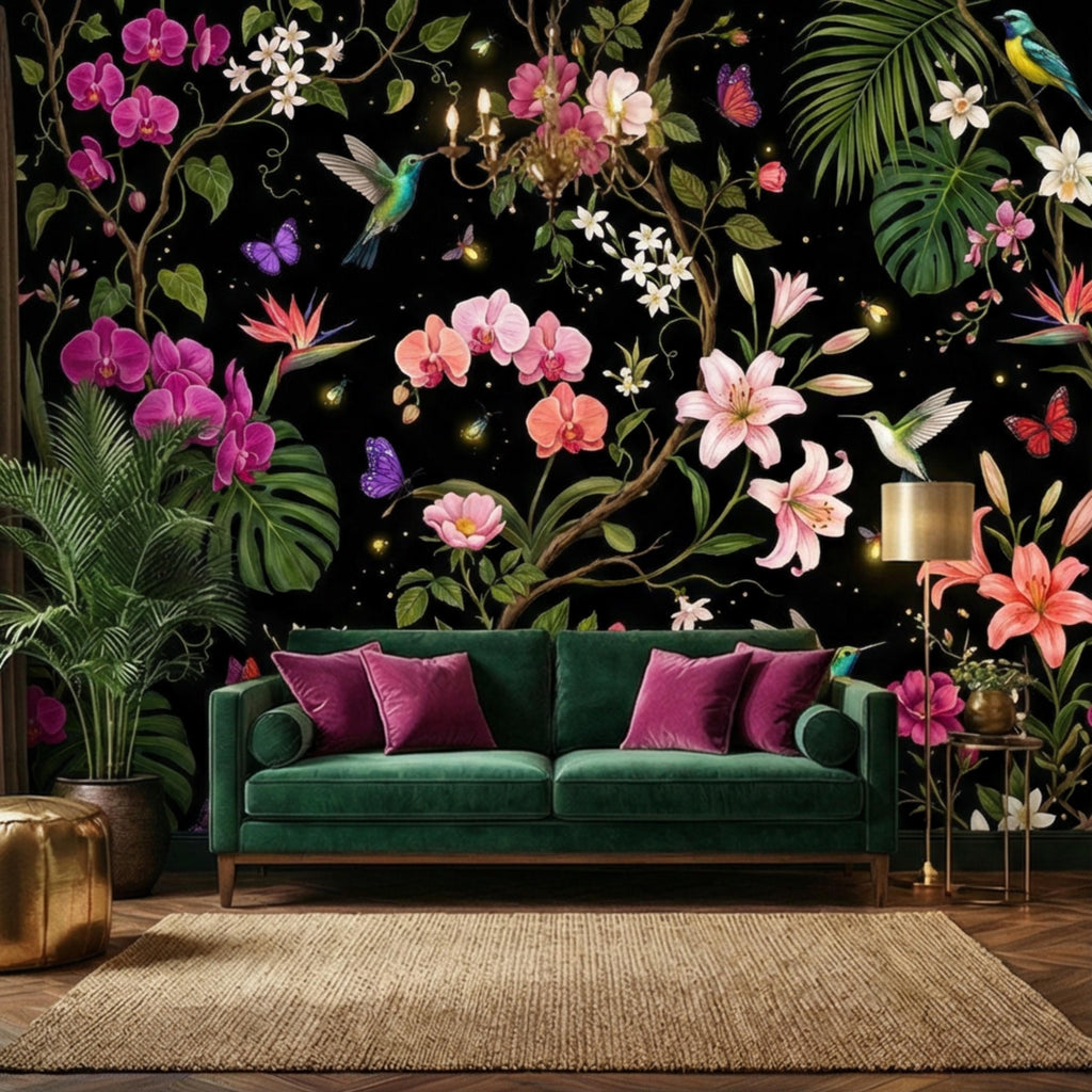 Orchids & Monstera Black Tropical Floral Night Garden Peel and Stick Wall Mural, Hummingbirds Butterflies Botanical Wallpaper