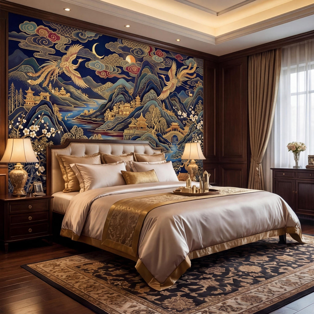 Chinoiserie Navy Blue Peel and Stick Wall Mural, Asian Mountain Landscape Tigers & Cranes Removable Wallpaper