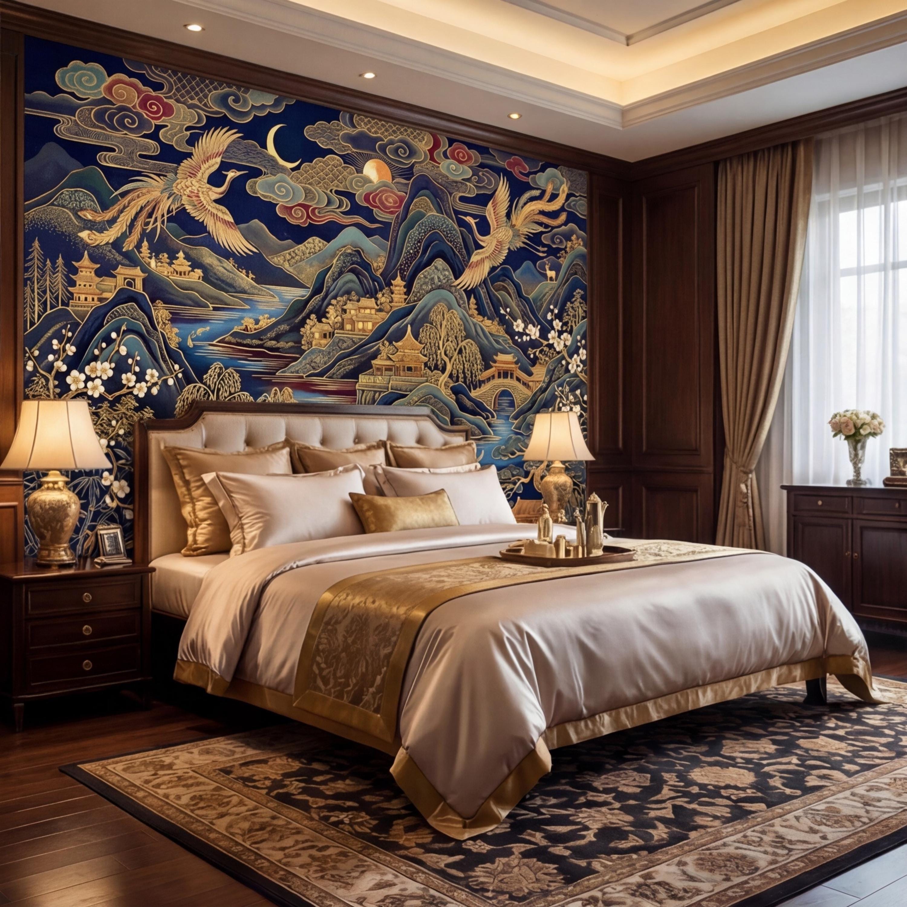 Chinoiserie Navy Blue Peel and Stick Wall Mural, Asian Mountain Landscape Tigers & Cranes Removable Wallpaper