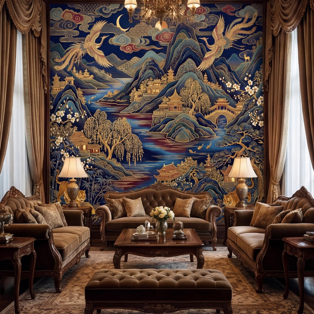 Chinoiserie Navy Blue Peel and Stick Wall Mural, Asian Mountain Landscape Tigers & Cranes Removable Wallpaper