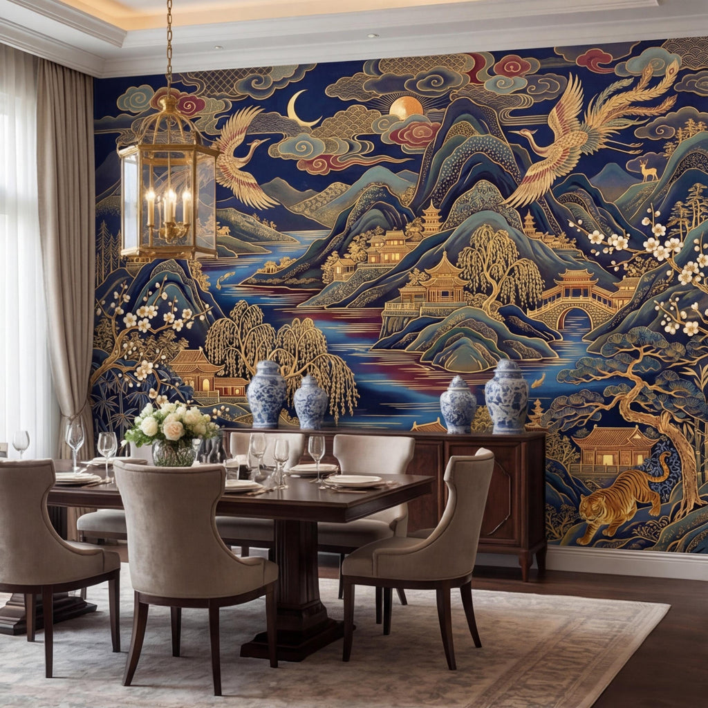 Chinoiserie Navy Blue Peel and Stick Wall Mural, Asian Mountain Landscape Tigers & Cranes Removable Wallpaper