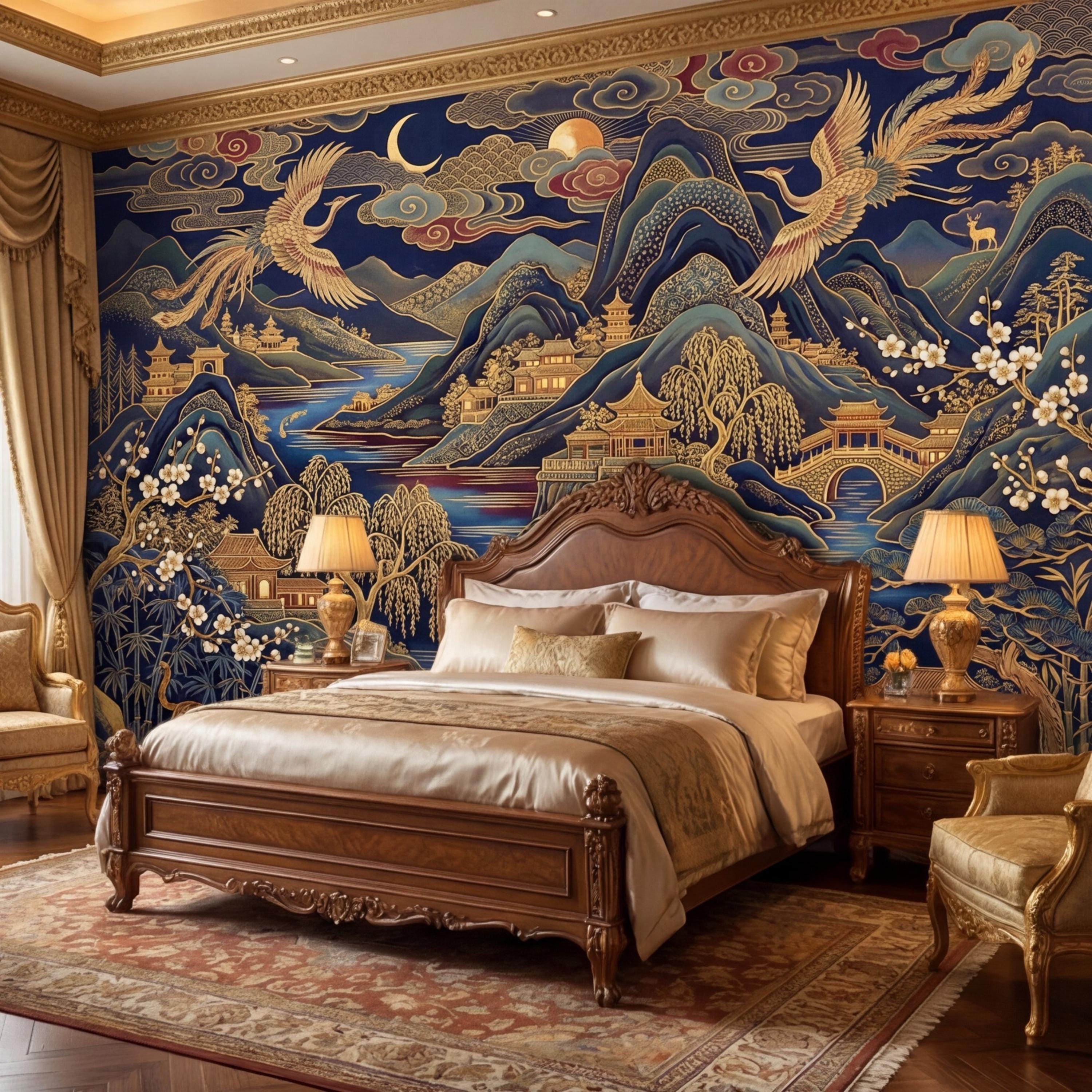 Chinoiserie Navy Blue Peel and Stick Wall Mural, Asian Mountain Landscape Tigers & Cranes Removable Wallpaper