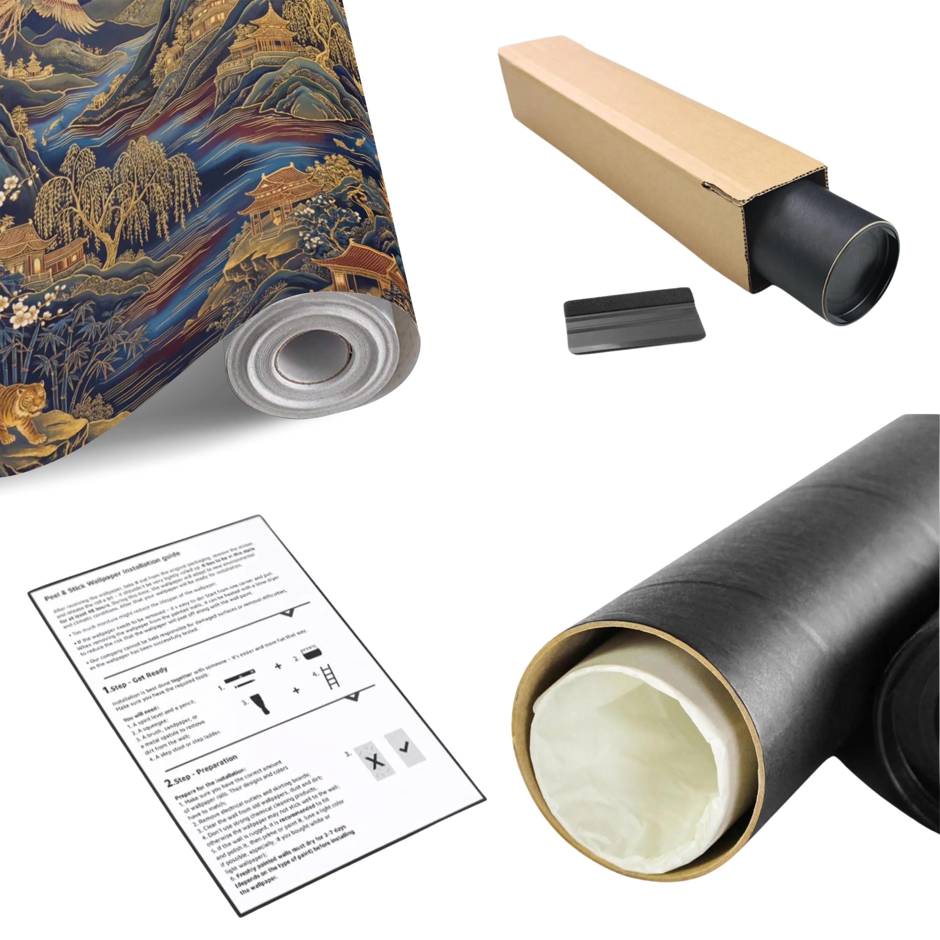 Chinoiserie Navy Blue Peel and Stick Wall Mural, Asian Mountain Landscape Tigers & Cranes Removable Wallpaper