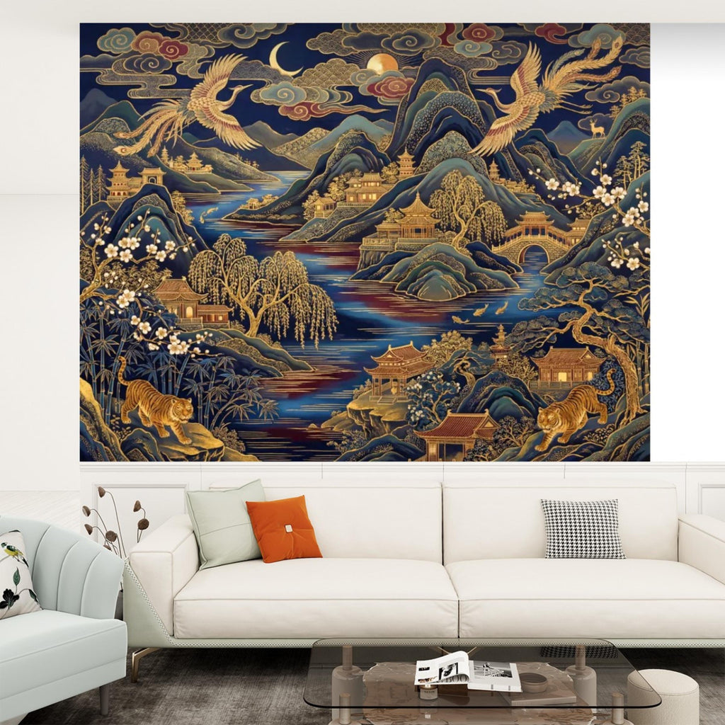 Chinoiserie Navy Blue Peel and Stick Wall Mural, Asian Mountain Landscape Tigers & Cranes Removable Wallpaper