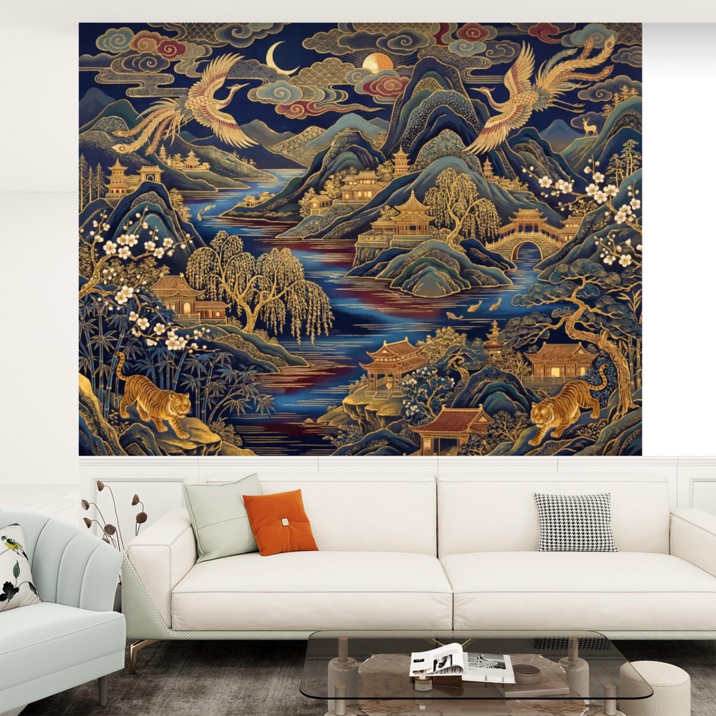 Chinoiserie Navy Blue Peel and Stick Wall Mural, Asian Mountain Landscape Tigers & Cranes Removable Wallpaper