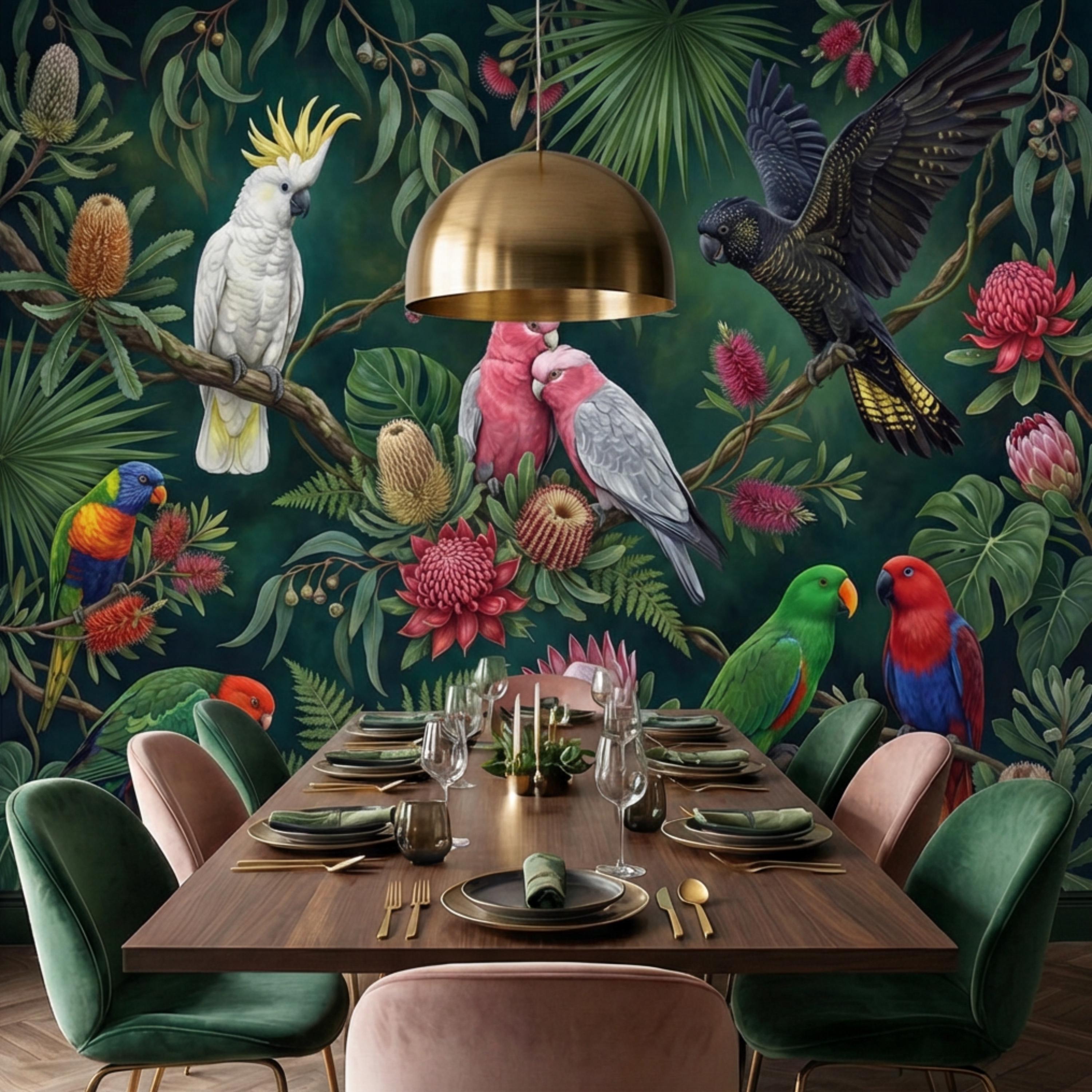 Dark Green Jungle Tropical Parrots & Cockatoos Peel and Stick Wall Mural, Botanical Flowers Monstera Leaves Exotic Bird Wallpaper