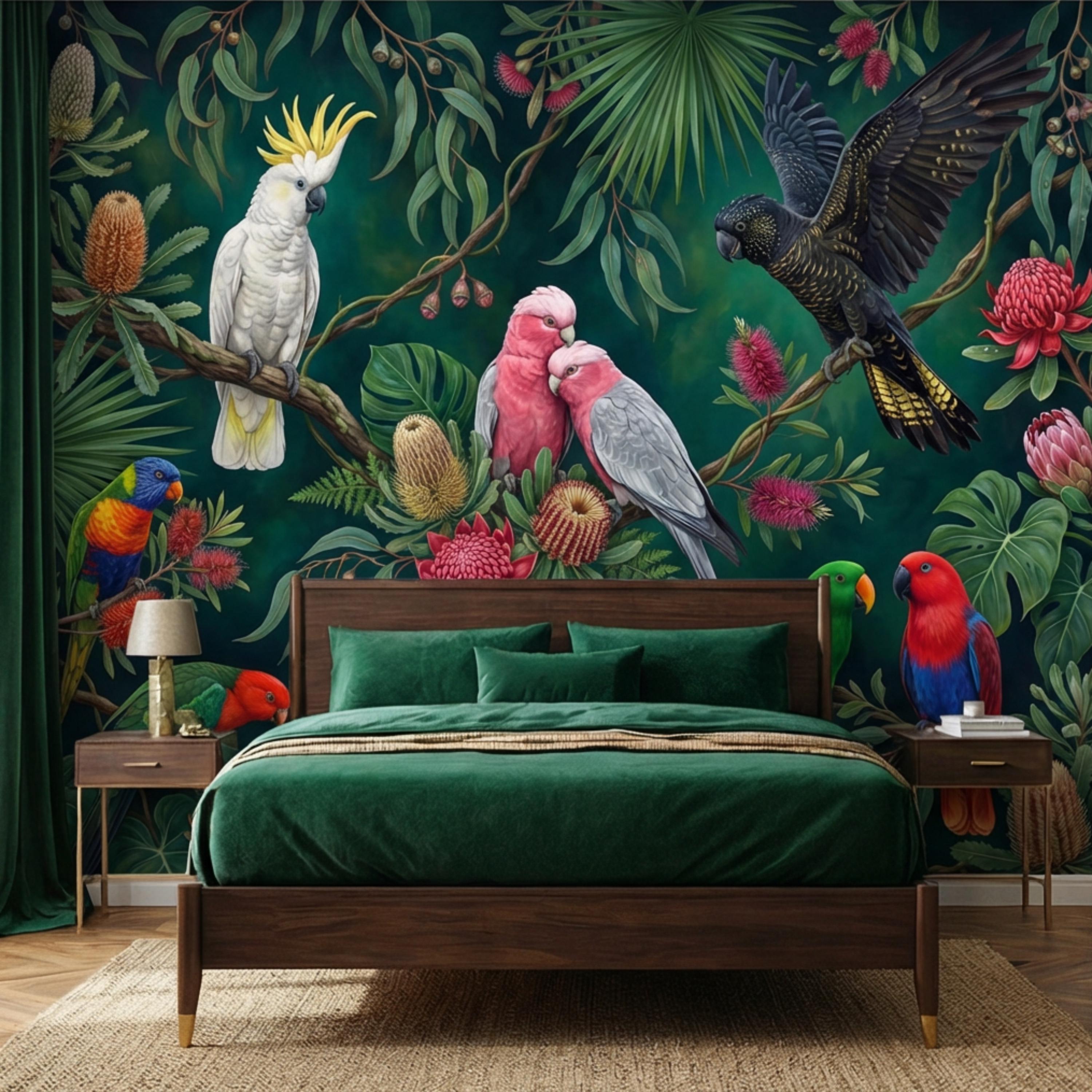 Dark Green Jungle Tropical Parrots & Cockatoos Peel and Stick Wall Mural, Botanical Flowers Monstera Leaves Exotic Bird Wallpaper