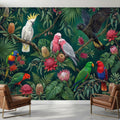 Dark Green Jungle Tropical Parrots & Cockatoos Peel and Stick Wall Mural, Botanical Flowers Monstera Leaves Exotic Bird Wallpaper