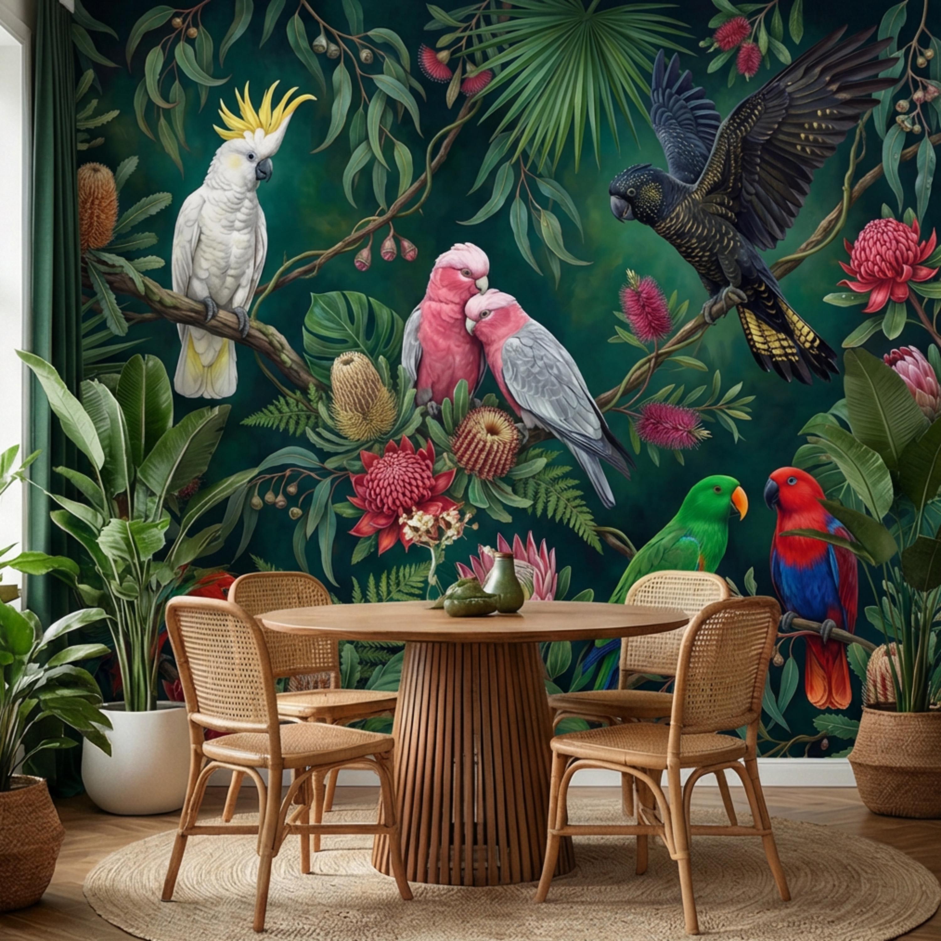 Dark Green Jungle Tropical Parrots & Cockatoos Peel and Stick Wall Mural, Botanical Flowers Monstera Leaves Exotic Bird Wallpaper