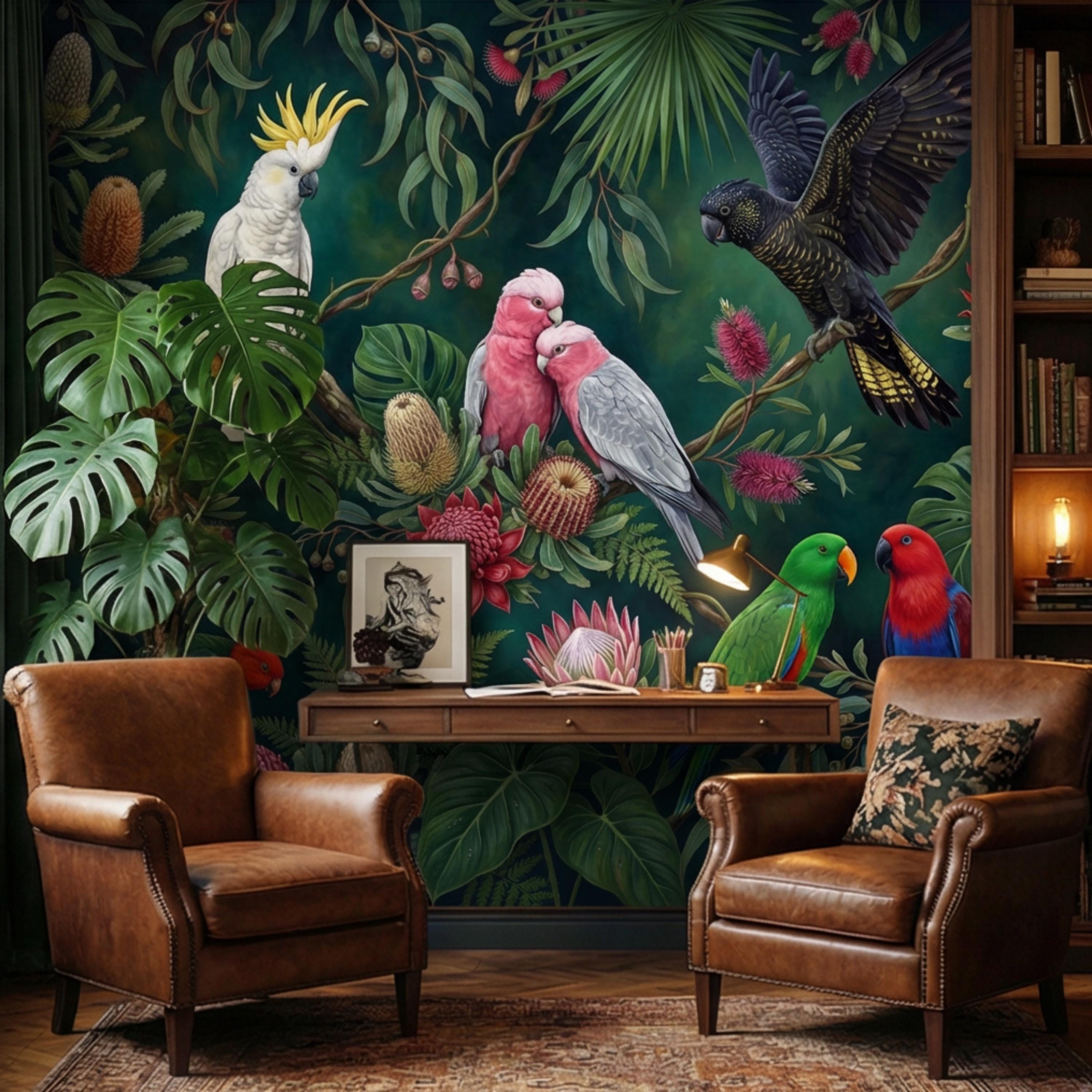 Dark Green Jungle Tropical Parrots & Cockatoos Peel and Stick Wall Mural, Botanical Flowers Monstera Leaves Exotic Bird Wallpaper