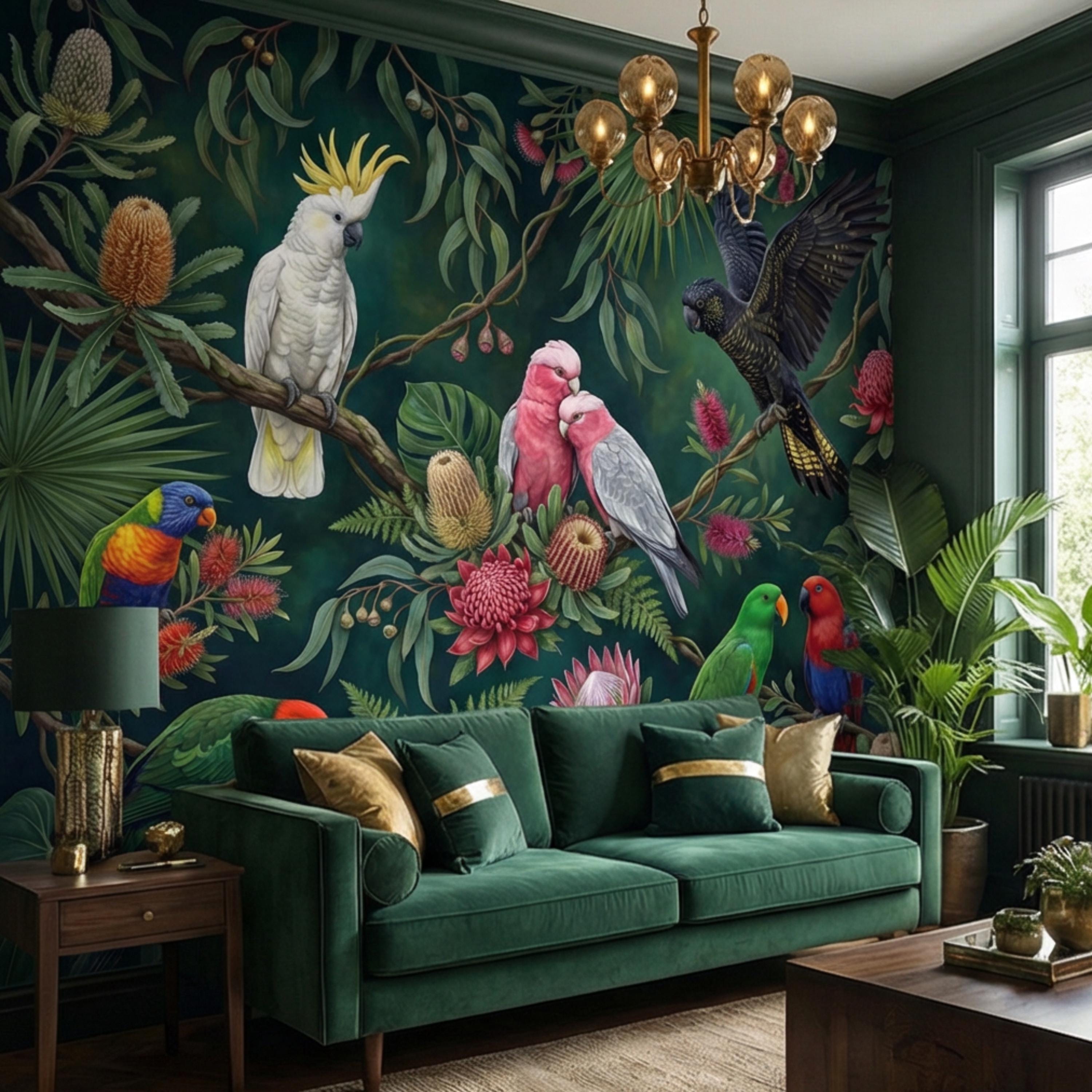 Dark Green Jungle Tropical Parrots & Cockatoos Peel and Stick Wall Mural, Botanical Flowers Monstera Leaves Exotic Bird Wallpaper