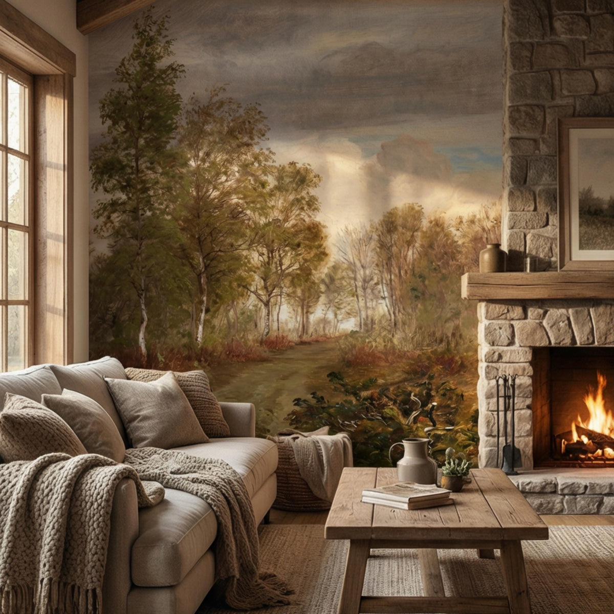 Forest path wall mural with tall trees behind a sofa, near a stone fireplace and coffee table.