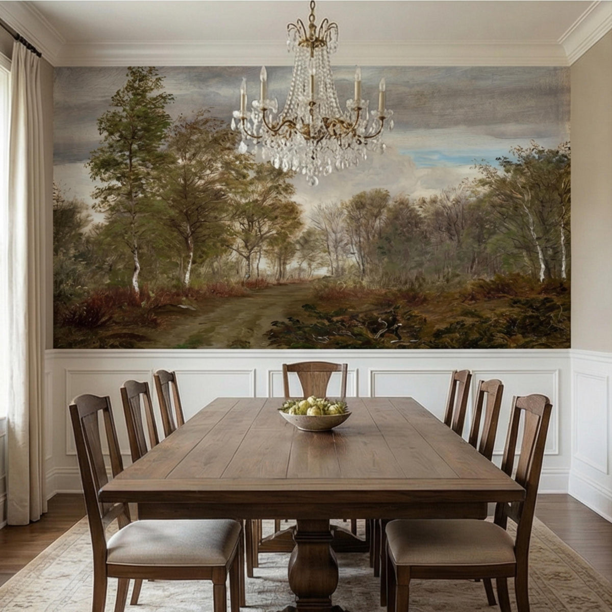 Forest path wall mural with trees above a dining table and chairs under a chandelier.