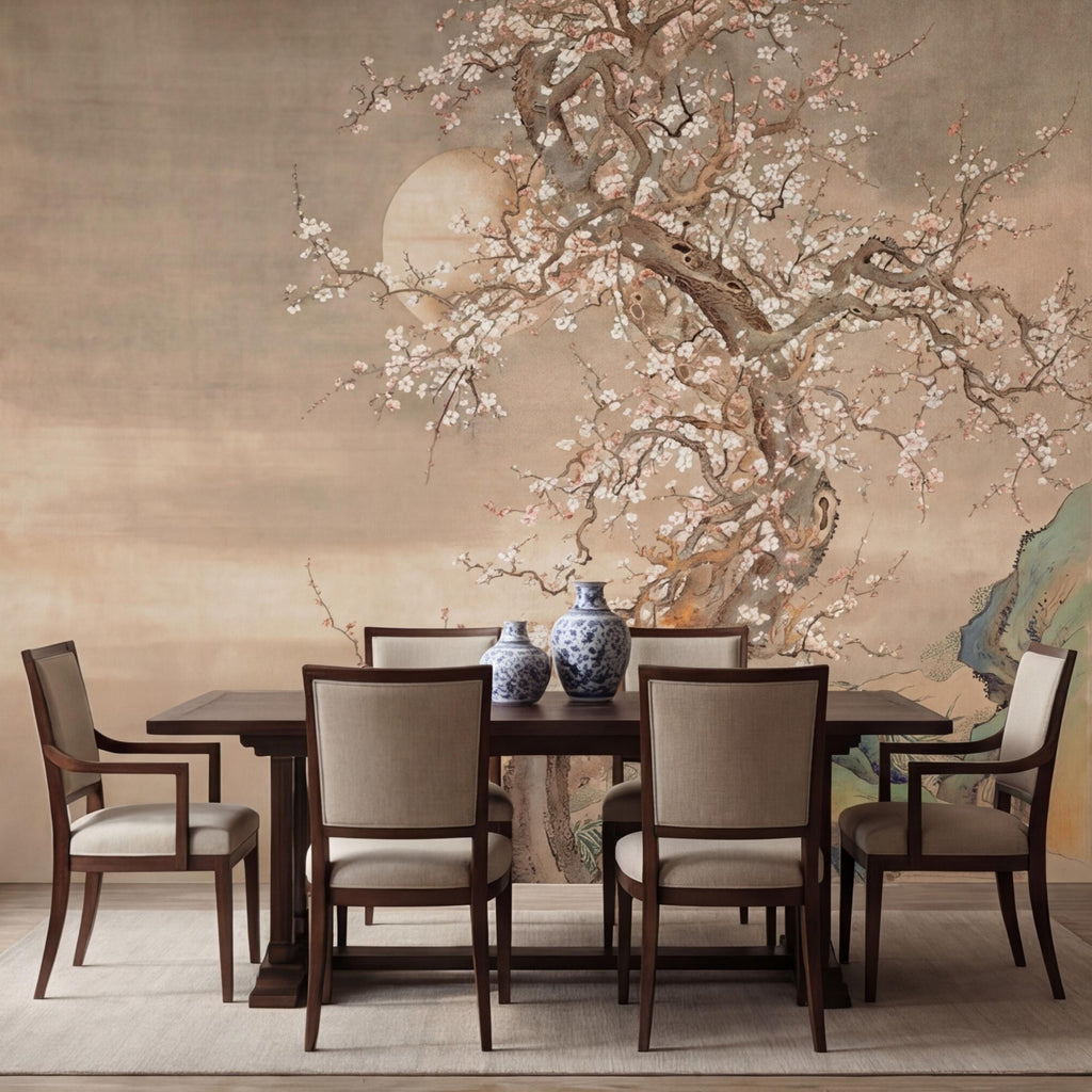 Neutral Beige Asian Blossom Tree Peel and Stick Wall Mural, Chinoiserie Ink Painting Removable Wallpaper