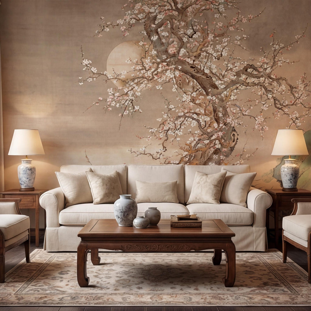 Neutral Beige Asian Blossom Tree Peel and Stick Wall Mural, Chinoiserie Ink Painting Removable Wallpaper