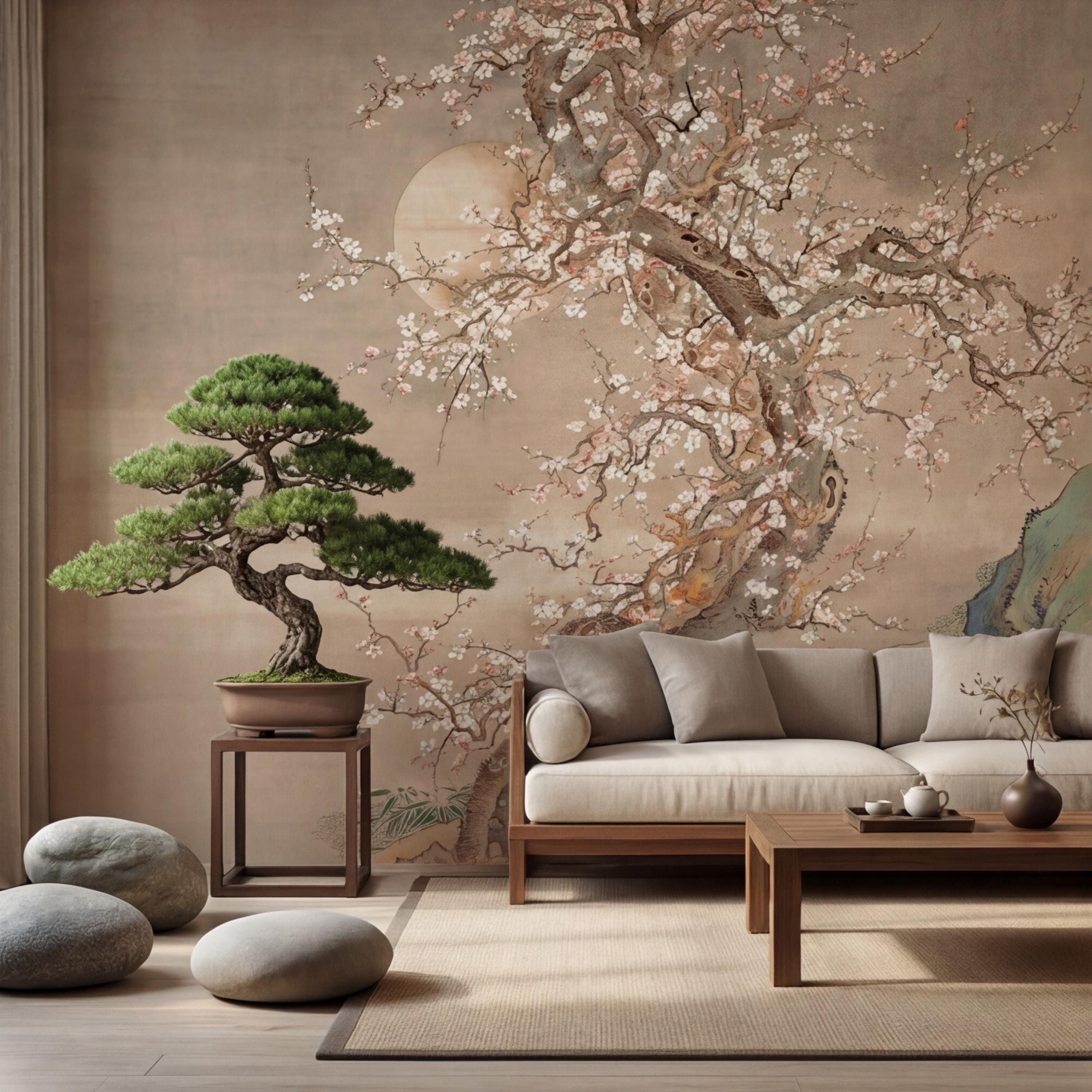 Neutral Beige Asian Blossom Tree Peel and Stick Wall Mural, Chinoiserie Ink Painting Removable Wallpaper
