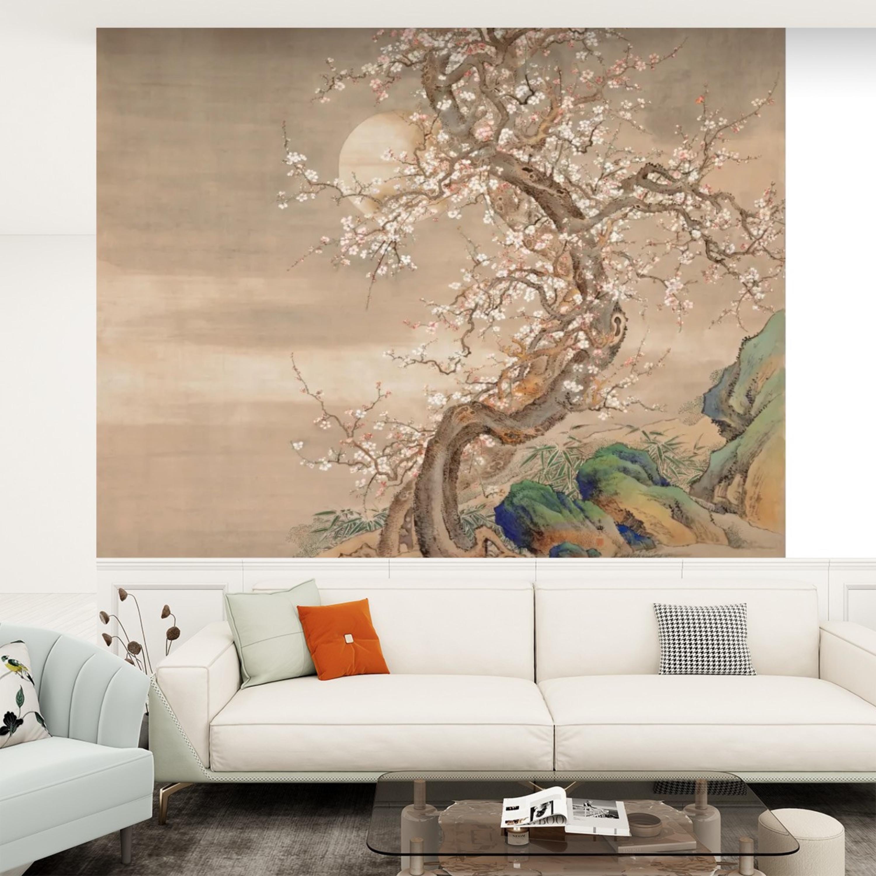 Neutral Beige Asian Blossom Tree Peel and Stick Wall Mural, Chinoiserie Ink Painting Removable Wallpaper