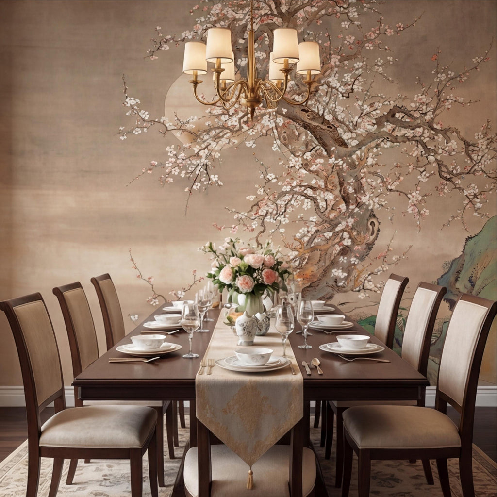 Neutral Beige Asian Blossom Tree Peel and Stick Wall Mural, Chinoiserie Ink Painting Removable Wallpaper