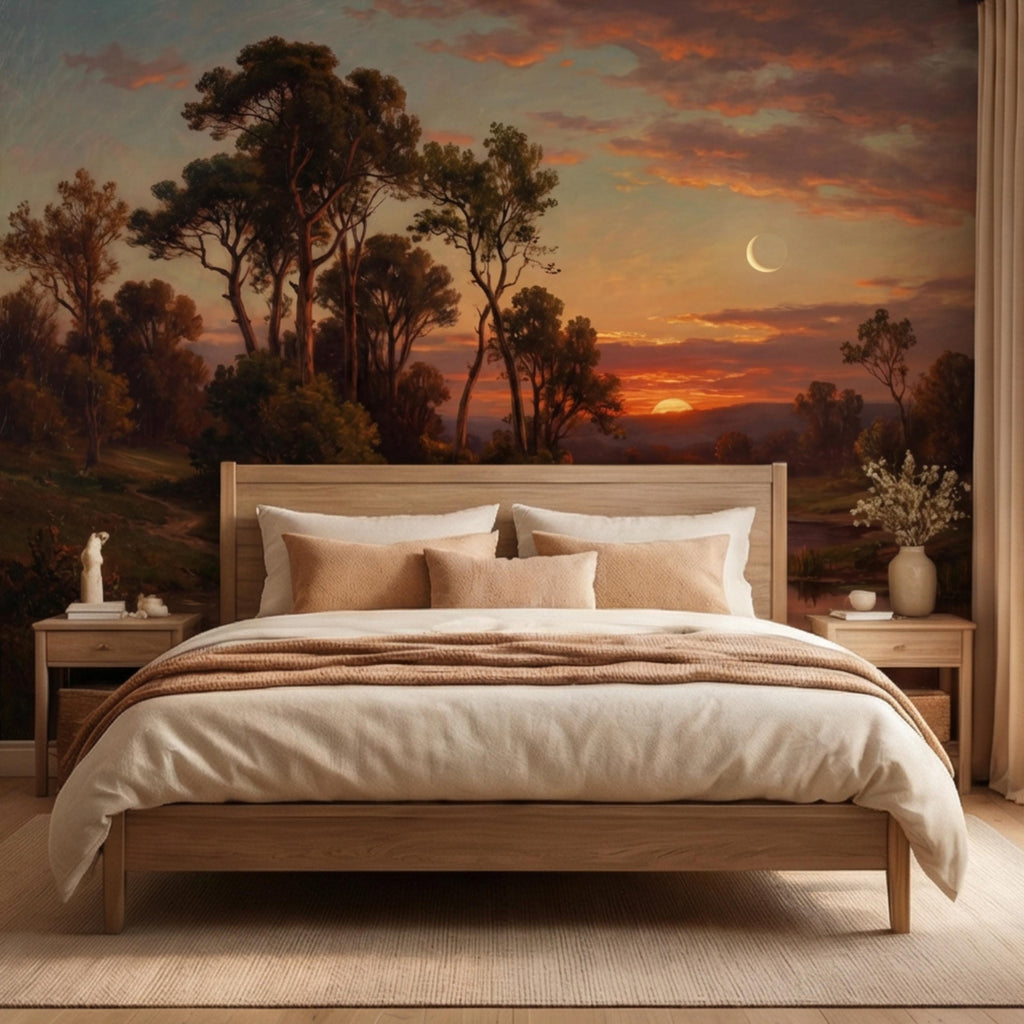 Vintage Oil Painting Sunset River Landscape Peel and Stick Wall Mural, Crescent Moon Forest Trees & River Reflection Nature Wallpaper