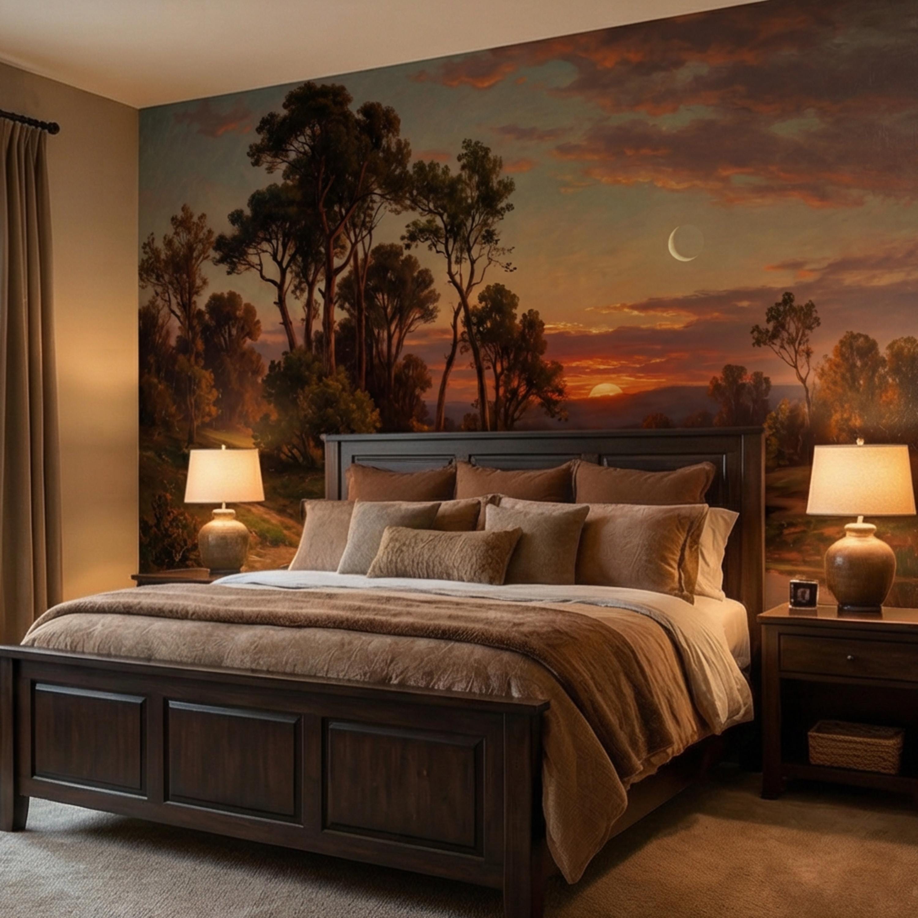 Vintage Oil Painting Sunset River Landscape Peel and Stick Wall Mural, Crescent Moon Forest Trees & River Reflection Nature Wallpaper