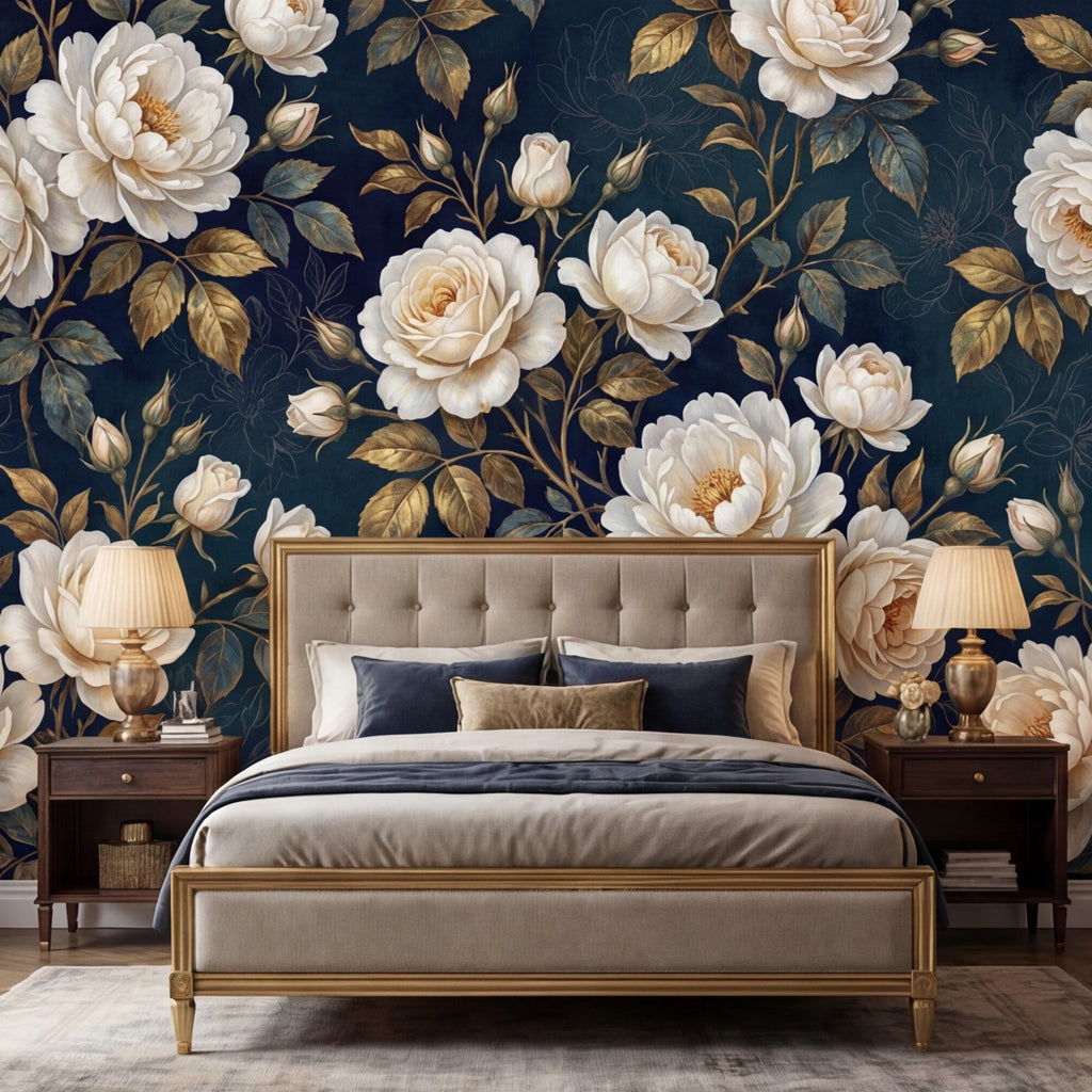 Navy Dark Floral Rose Wall Mural Peel and Stick, White Roses Gold Leaves Removable Wallpaper