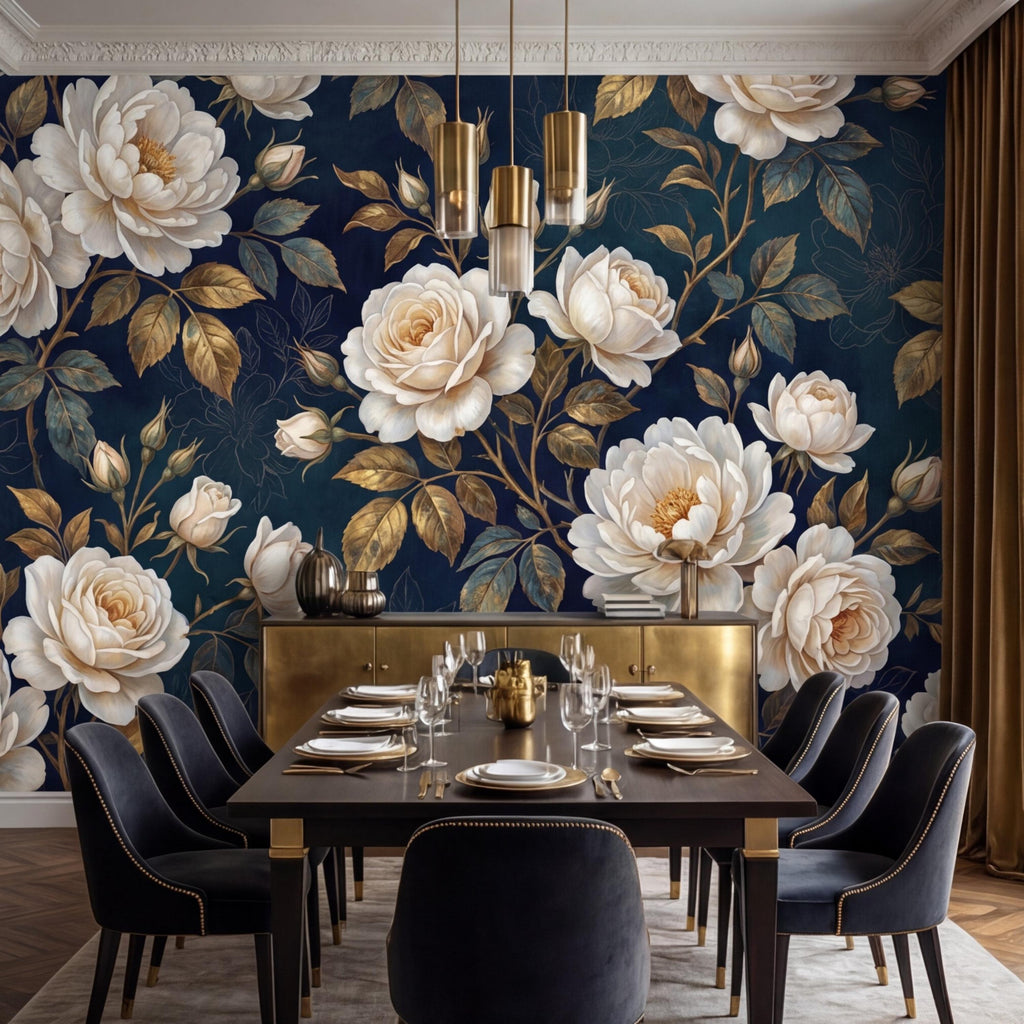 Navy Dark Floral Rose Wall Mural Peel and Stick, White Roses Gold Leaves Removable Wallpaper