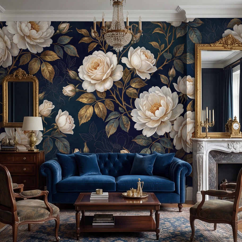 Navy Dark Floral Rose Wall Mural Peel and Stick, White Roses Gold Leaves Removable Wallpaper