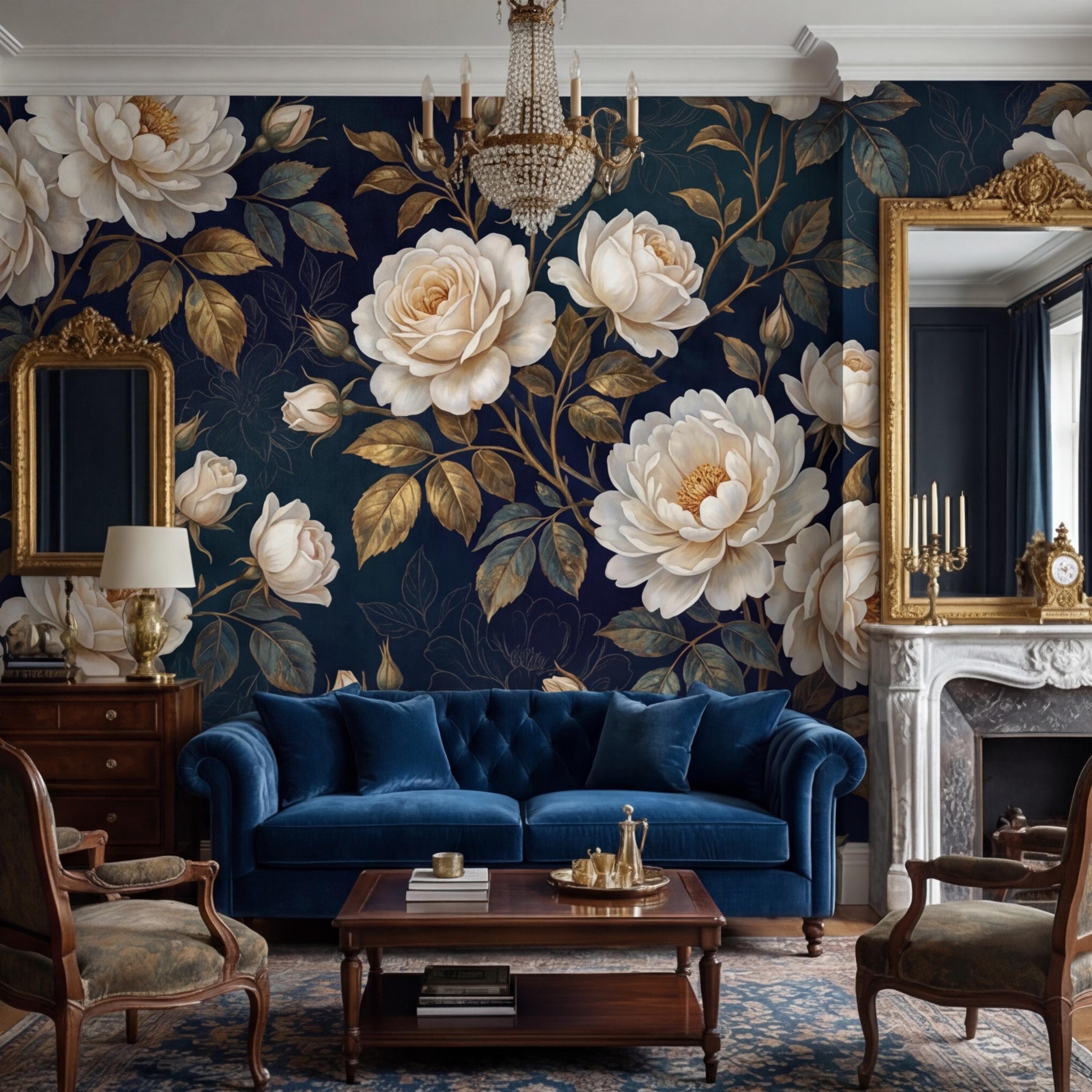 Navy Dark Floral Rose Wall Mural Peel and Stick, White Roses Gold Leaves Removable Wallpaper