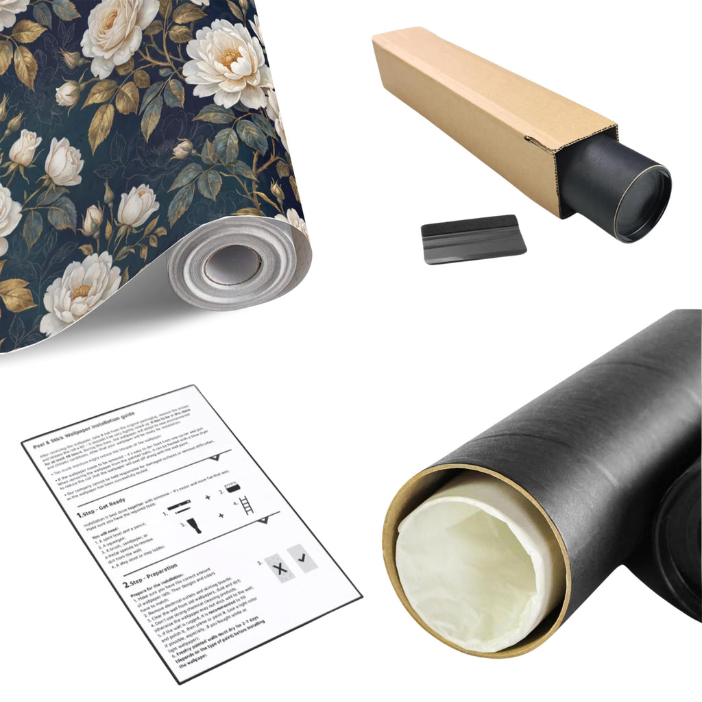 Navy Dark Floral Rose Wall Mural Peel and Stick, White Roses Gold Leaves Removable Wallpaper